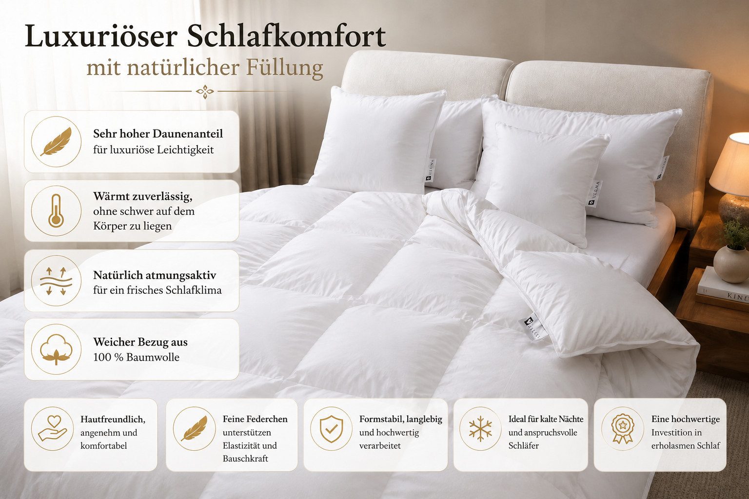 Veluma Daunenbettdecke Füllgewicht ultra leicht warm ideal für Herbst und Winter, Füllung: Die Füllung besteht aus 90 % hochwertiger weißer Entendaune und 10 % feinen kleinen Federchen. Diese natürliche Mischung verbindet angenehme Wärme, luxuriöse Leichtigkeit und gute Formstabilität. Der hohe Daunenanteil sorgt dafür, dass die Decke besonders weich, leicht und anschmiegsam ist, während die feinen Federchen die Elastizität unterstützen und der Decke eine schöne Bauschkraft verleihen. Die Daunen speichern Wärme zuverlässig, ohne schwer auf dem Körper zu liegen. Gleichzeitig bleibt die Füllung atmungsaktiv und unterstützt ein frisches, trockenes und angenehmes Schlafklima. Dadurch eignet sich die Decke besonders gut für Herbst, Winter und kühle Frühlingsnächte., Perfekte Temperaturregulierung – warm im Winter, kühl im Sommer