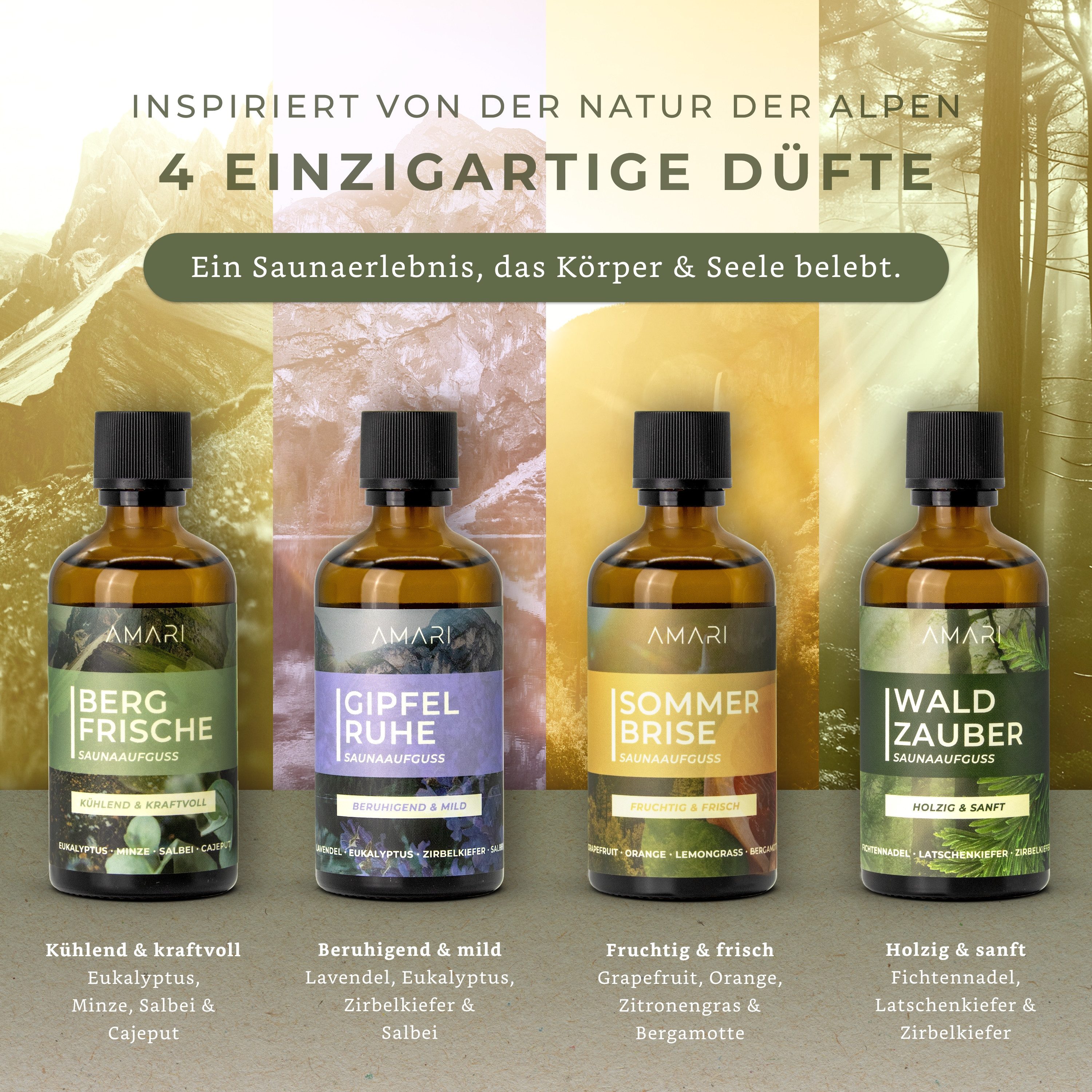 Amari Sauna-Aufgussset Saunaaufguss Set Alpenglück – natürliche Saunadüfte (4-tlg Saunaduftöl Set, 4-tlg., Naturreine Ätherische Öle) 4 verschiedene Düfte - 100ml je Flasche