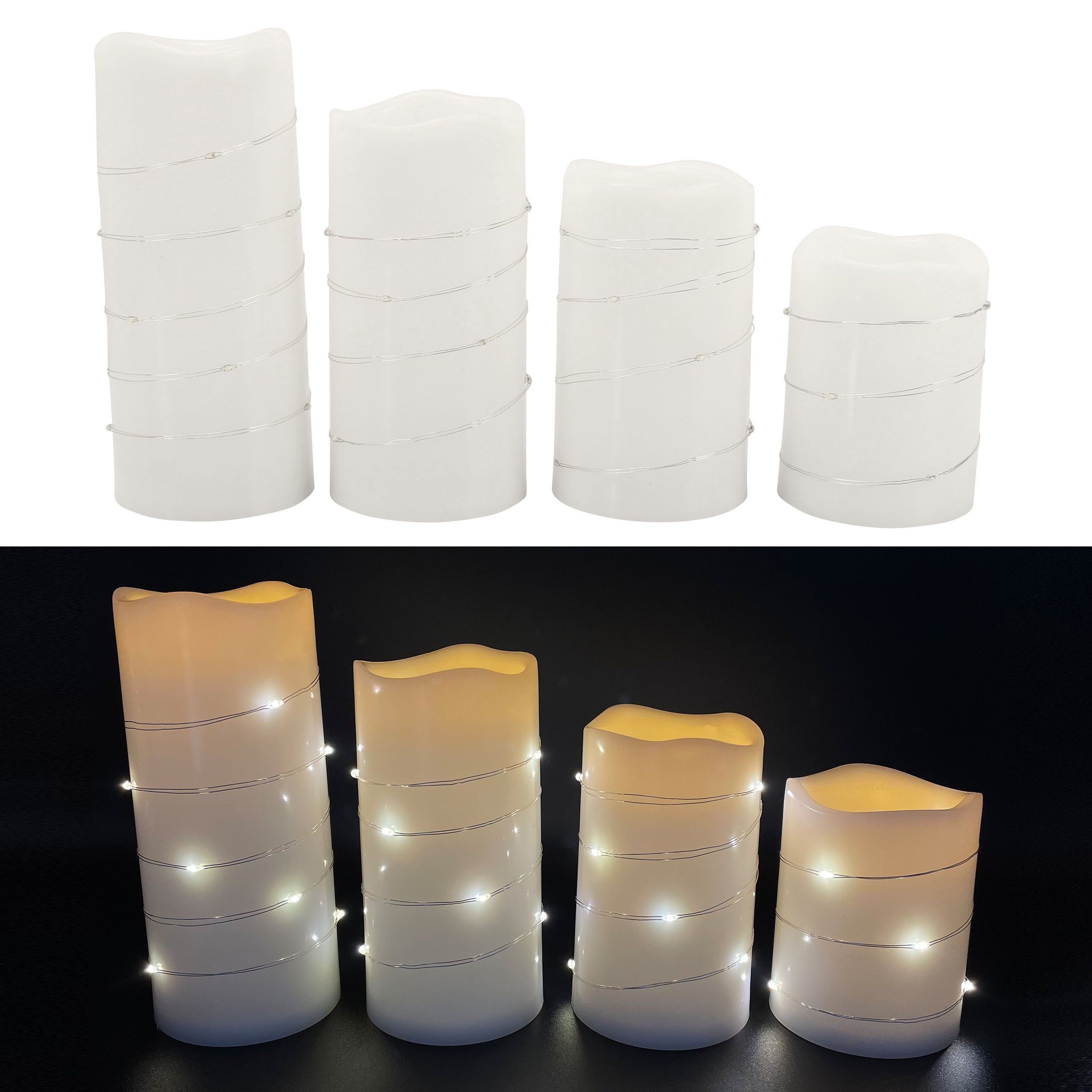 Online-Fuchs Outdoorkerze 4er Set LED Kerzen mit Lichterkette umwickelt In- und Outdoor geeignet (Lichterkette wählbar mit warmweißer- oder Farbwechsel-Beleuchtung), Maße: ca. 7,5 cm im Durchmesser und 10, 12,5, 15 bzw. 17,5 cm hoch.