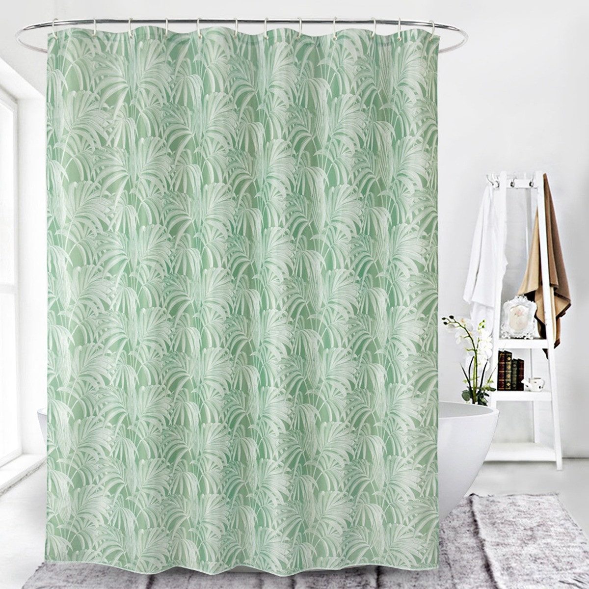 Euroshowers GmbH Duschvorhang Blättermuster Grün 180 × 200 cm Polyester mit 12 Ringen Breite 180 cm