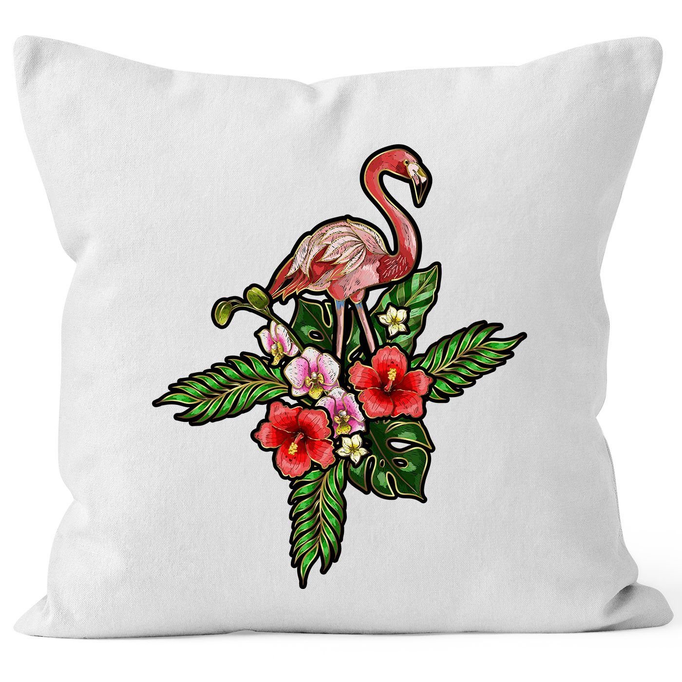 Autiga Dekokissen Kissenbezug Flamingo Tropical Palmblätter Sommer Stick-Patch-Optik Kissen-Hülle Deko-Kissen Baumwolle Autiga® weiß