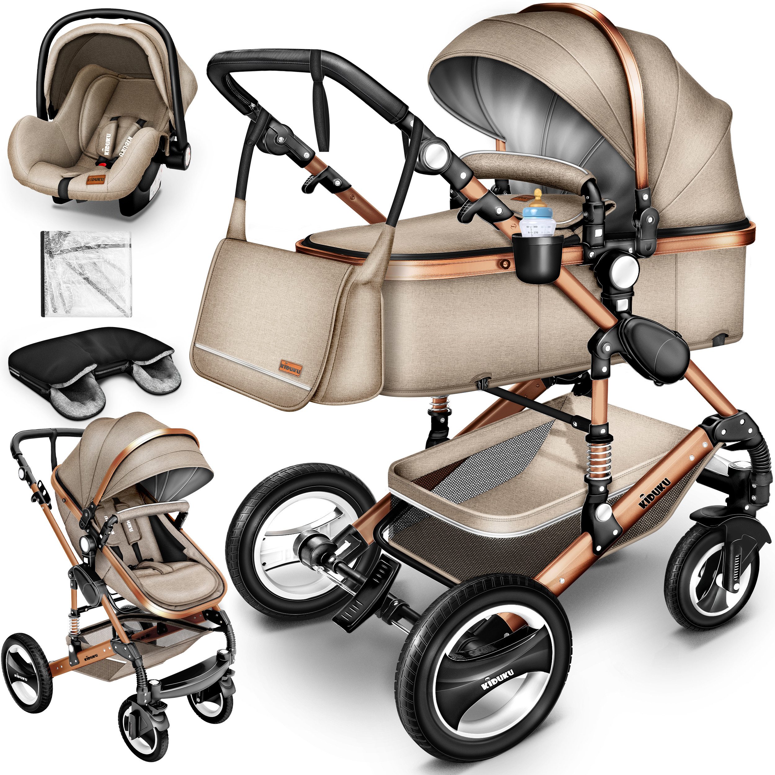 KIDUKU Kombi-Kinderwagen KIDUKU® 3 in 1 Kombi-Kinderwagen Buggy Reisebuggy inkl. Auto- Babyscha, Kindertisch