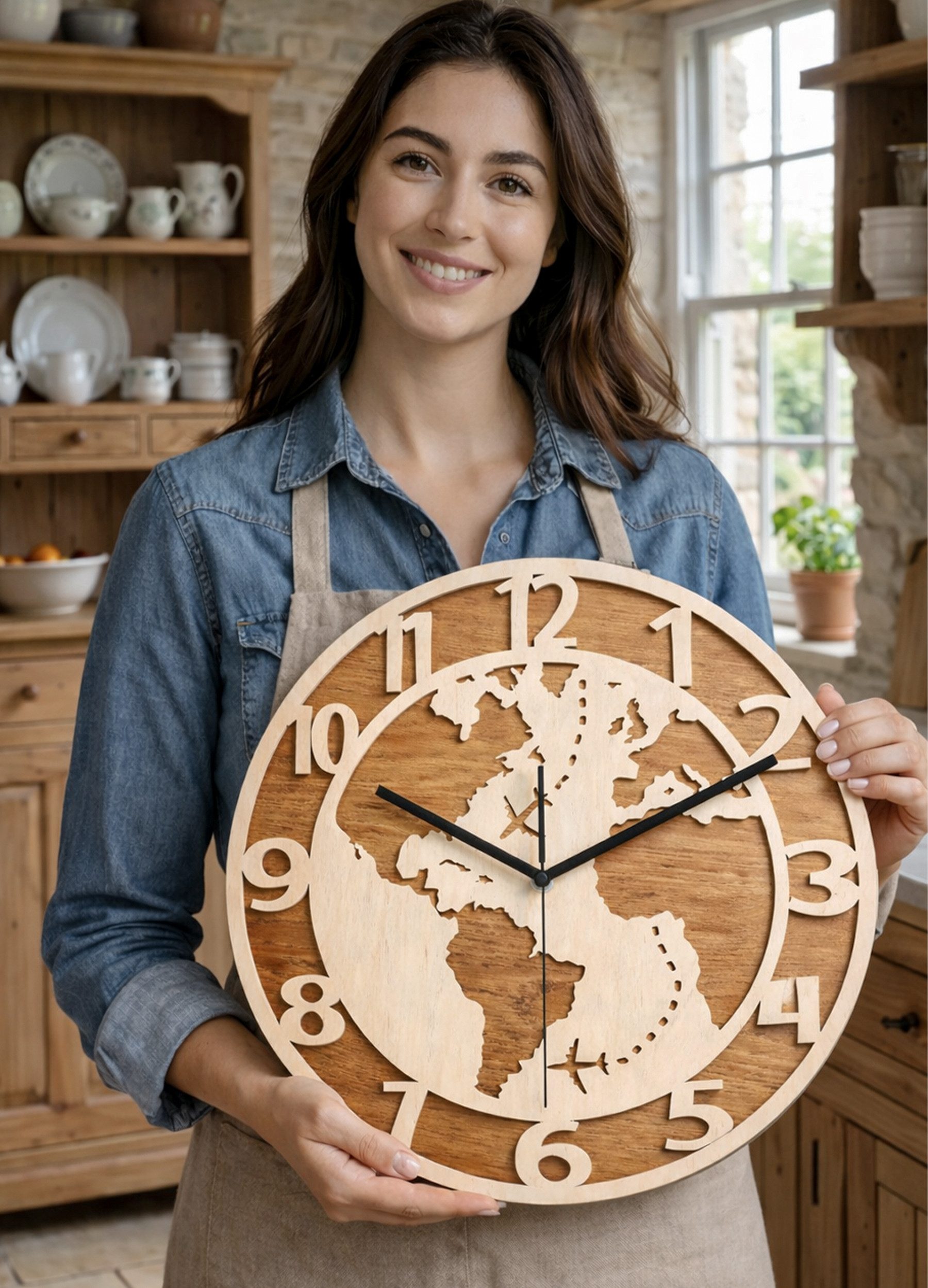 ORNAMENTI Wanduhr Dekorative Weltkarte, handgefertigte, Holz, Hingucker Wanddeko (lautlos, ohne Tickgeräusche, lesbare Ziffern)