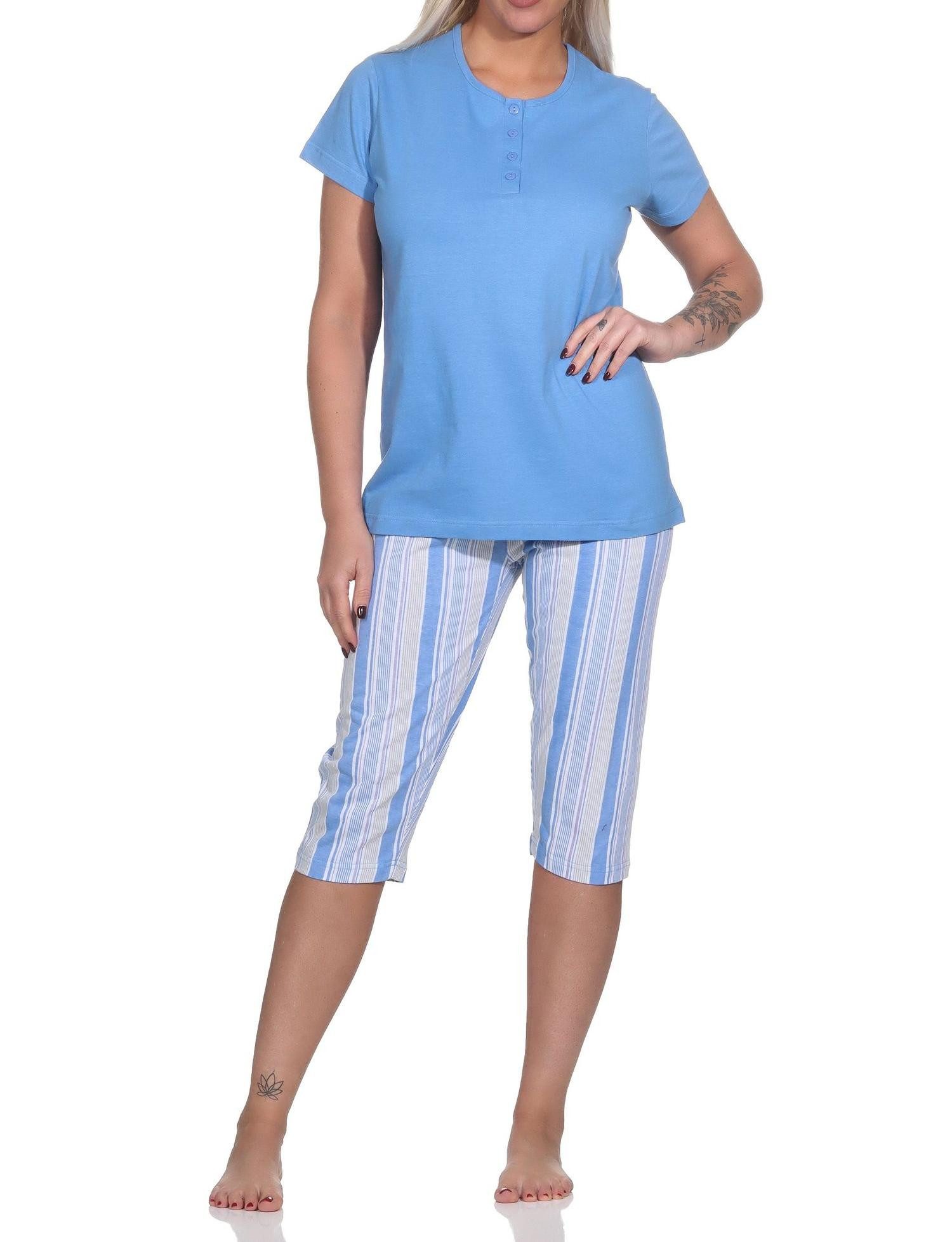 Normann Pyjama Eleganter Damen Capri Pyjama Schlafanzug mit Knopfleiste & Caprihose
