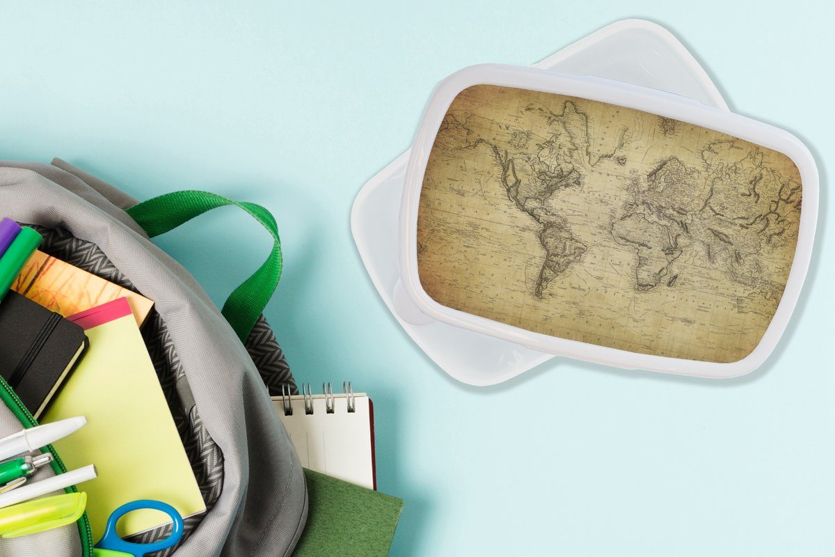 weiß Braun (2-tlg), Papier, - Erwachsene, Weltkarte und für MuchoWow für Brotdose, Kinder - Vintage und - Jungs Brotbox Kunststoff, Lunchbox Antik - Mädchen