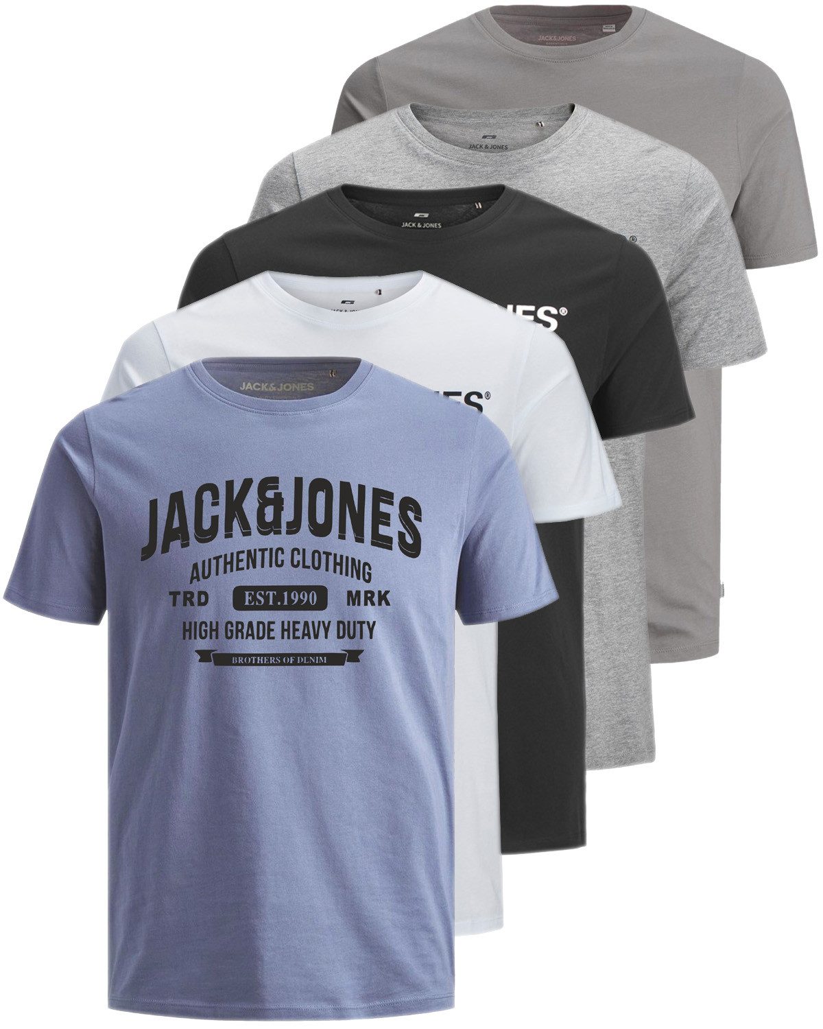 Jack & Jones Print-Shirt Bedrucktes T-Shirt aus Baumwolle (5er-Pack) bequemes Oberteil in Unifarben, Größe L