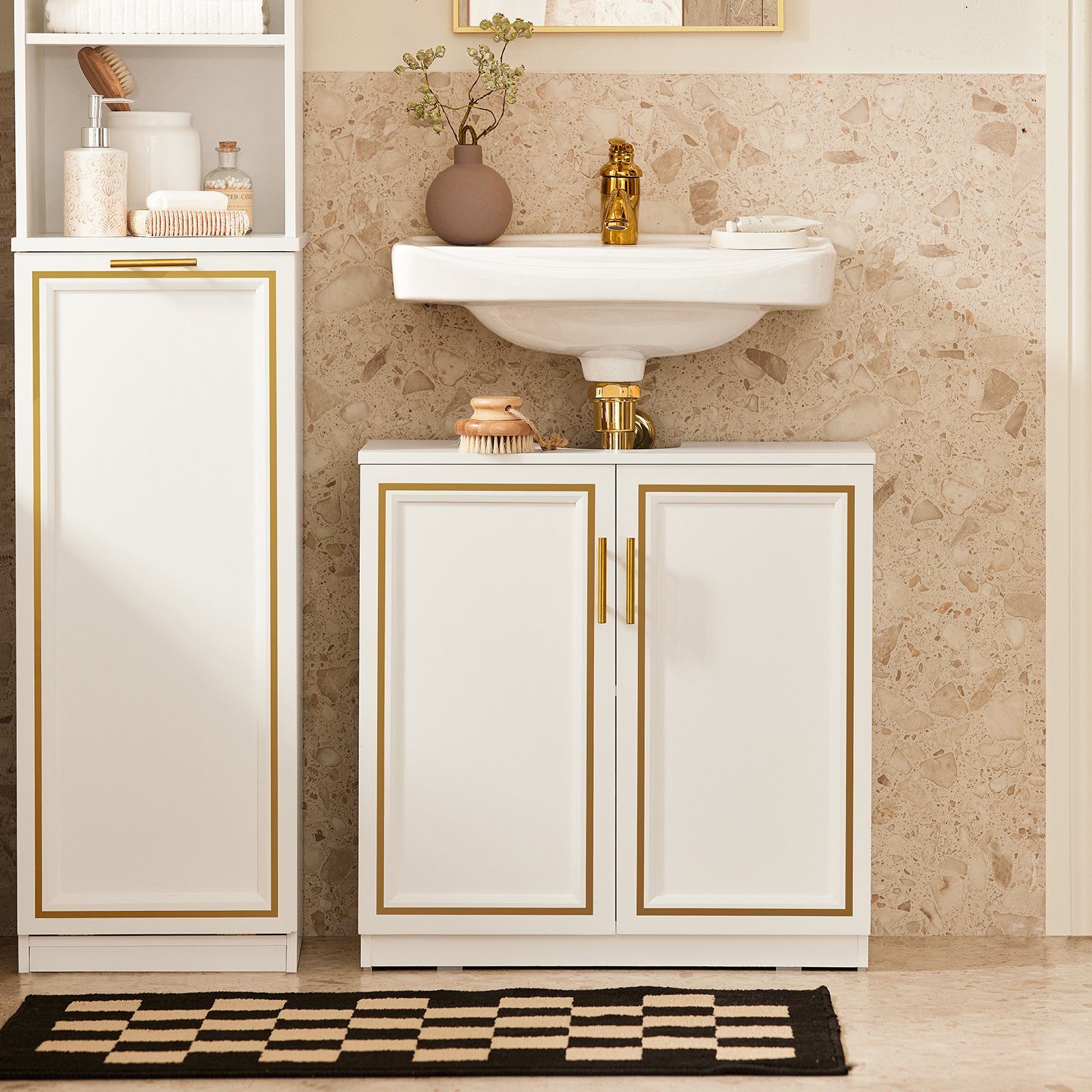 SoBuy Waschbeckenunterschrank mit 2 Türen Holz Weiß-Gold 60 cm BZR86-W günstig online kaufen