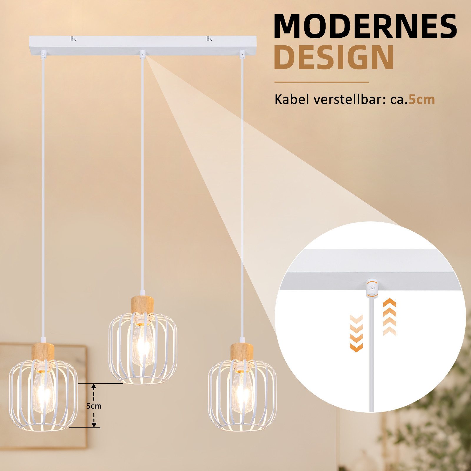 ZMH Pendelleuchte Grau & Weiß 3-flammige, E27, Holz+Eisen, für Esszimmer & Küche, ohne Leuchtmittel, Offener Lampenschirm, maximal 25 W pro Kopf, ohne Glühbirne – Bild 2 von 5