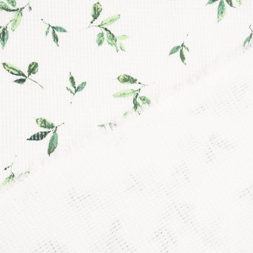 SCHÖNER LEBEN. Stoff Waffeljersey Waffelstrick Aquarell Zweige Blätter offweiß grün 1,4m, allergikergeeignet