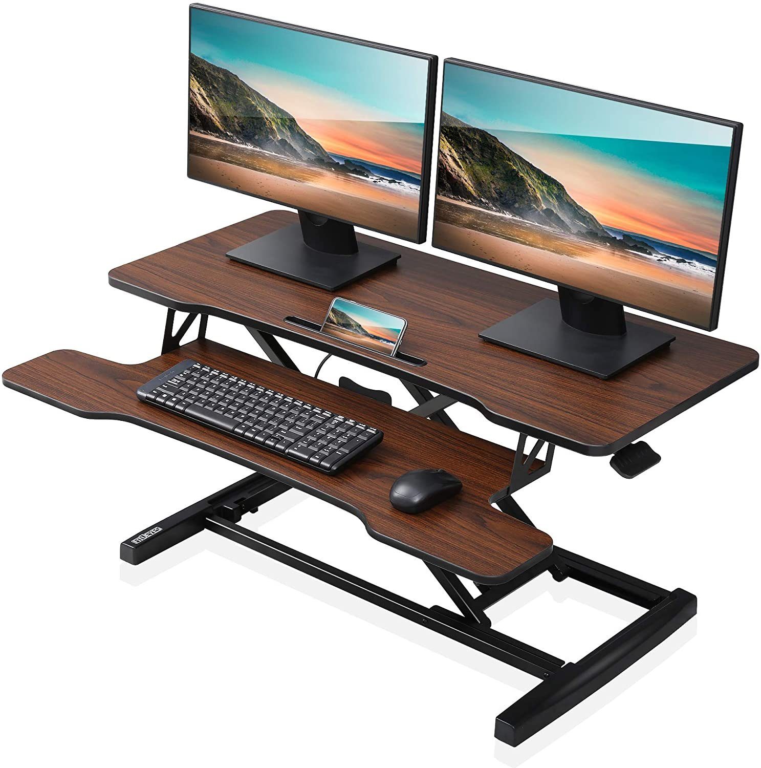 FITUEYES Schreibtisch Steh Sitz Schreibtisch Schreibtischaufsatz Computertisch (Höhenverstellbarer Tablet-Halter mit Sitz-Steh-Schreibtisch Brown Tastaturablage und Stehpult)