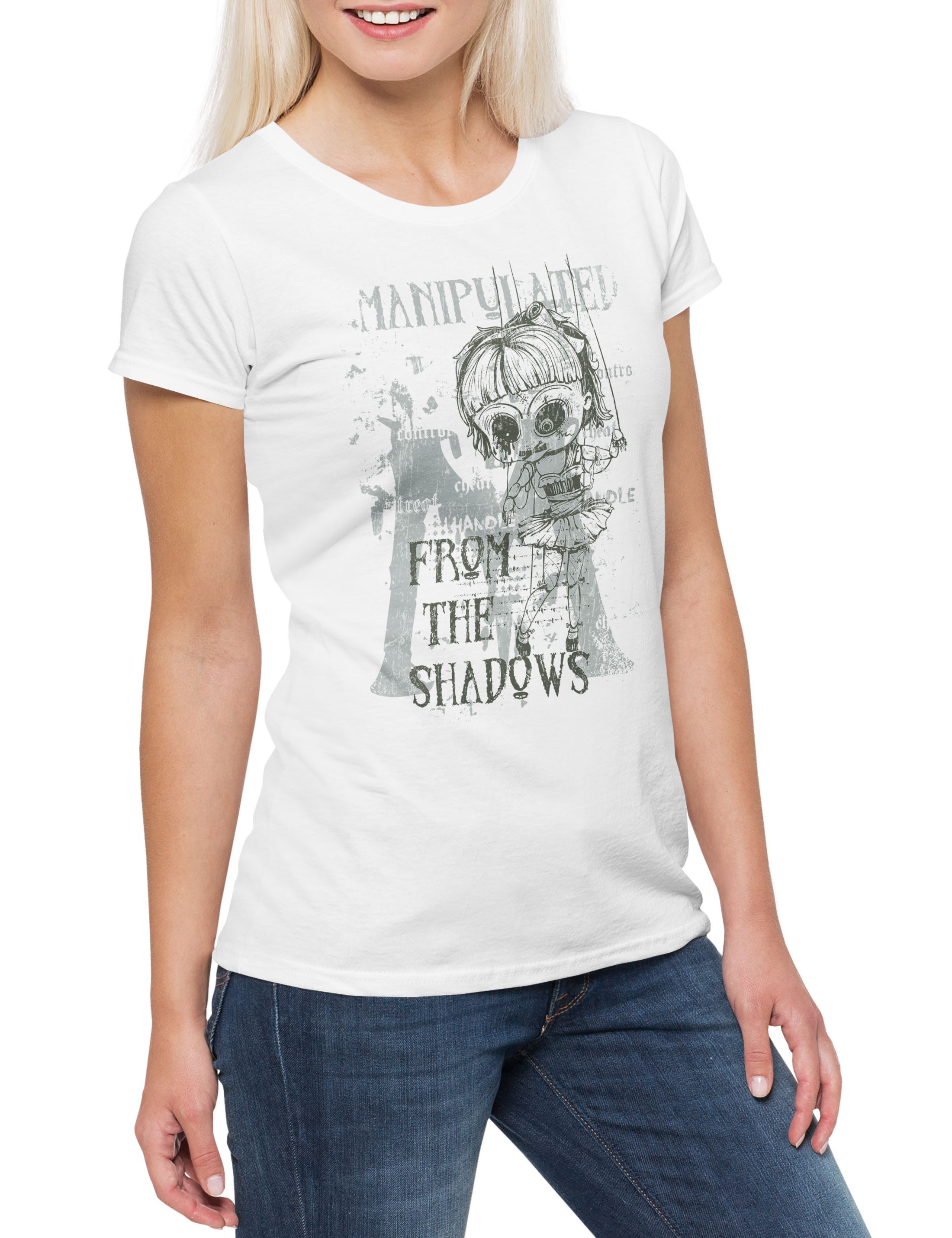 Print-Shirt Manipulated Shadows Damen T-Shirt Puppe Marionette Puppenspieler