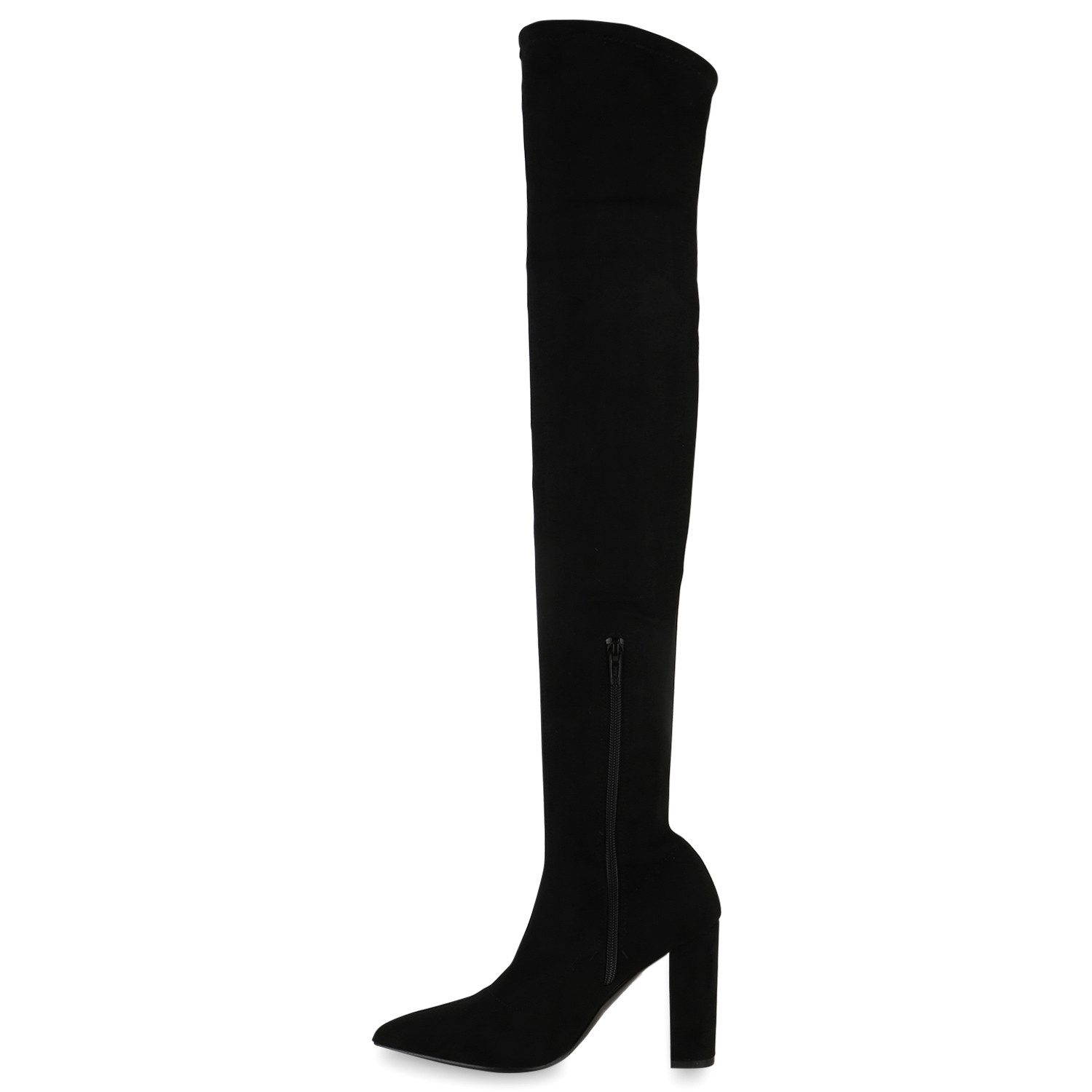 VAN HILL 839713 Overkneestiefel Damen Stiefel Overknees Blockabsatz Spitze Basic