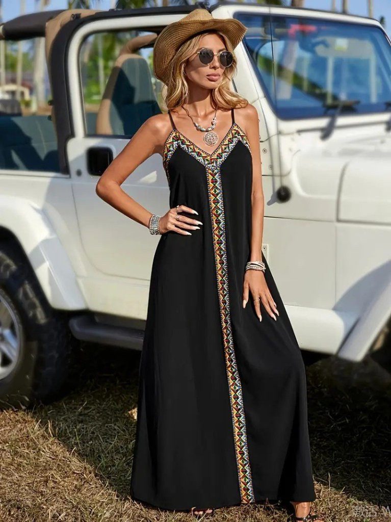 Midikleid JANE'S Damen Trägerkleid V-Ausschnitt Ethno-Streifen Lang Viskose
