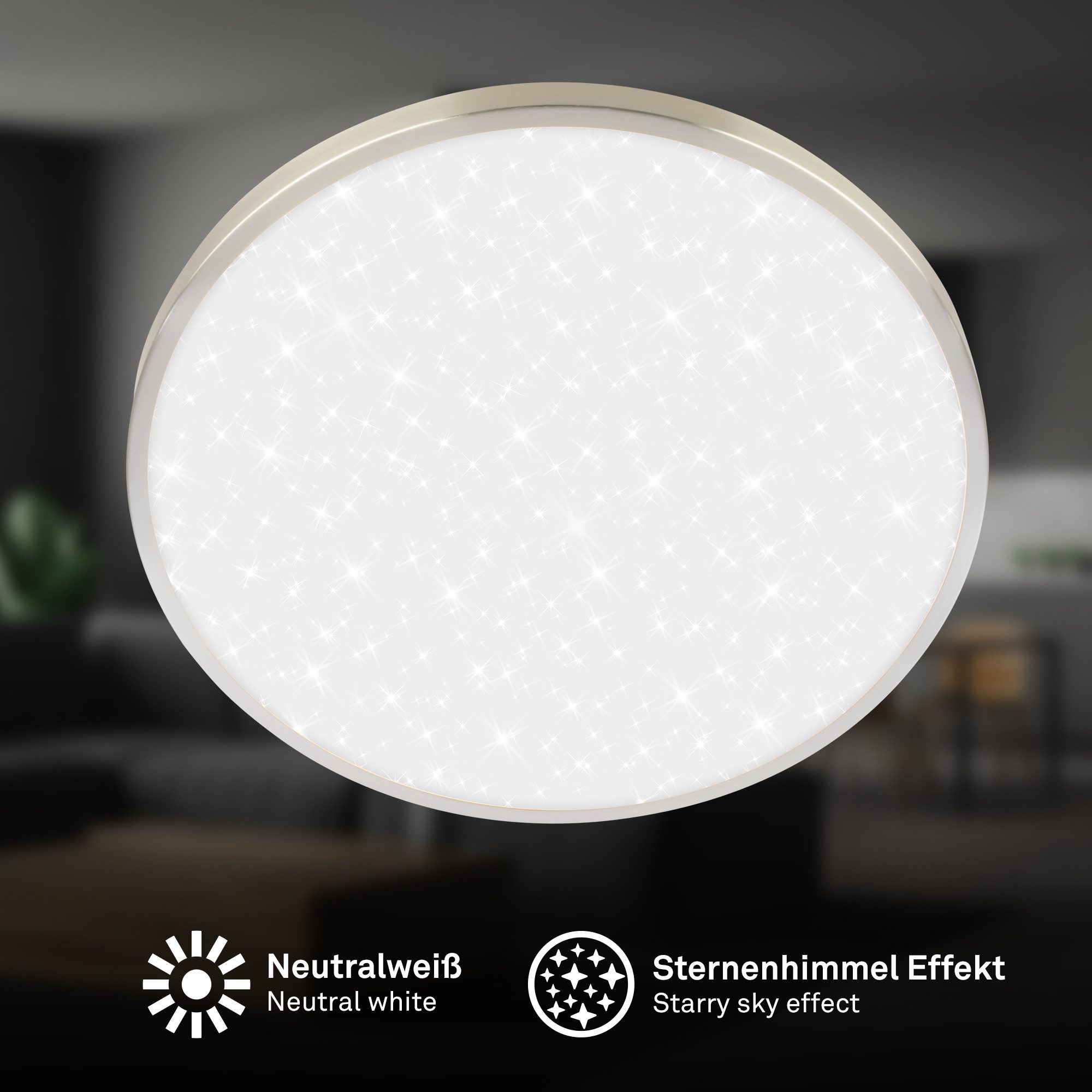 Briloner Leuchten Deckenleuchte LED Panel Sternenhimmeleffekt Deckenlampe Rund, LED fest integriert, 4000K, 24/33 x 6 cm Nickel-matt/Weiß Wohnzimmer Schlafzimmer