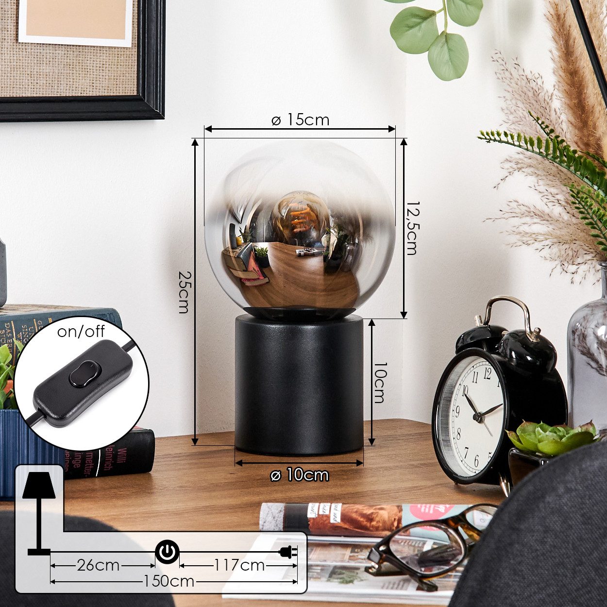 hofstein Tischleuchte Tischlampe aus Metall/Glas in Schwarz/Chrom-/Rauchfarben/Klar, ohne Leuchtmittel, Leuchte im Retro/Vintage-Design mit Glasschirm (15 cm), 1 x E14