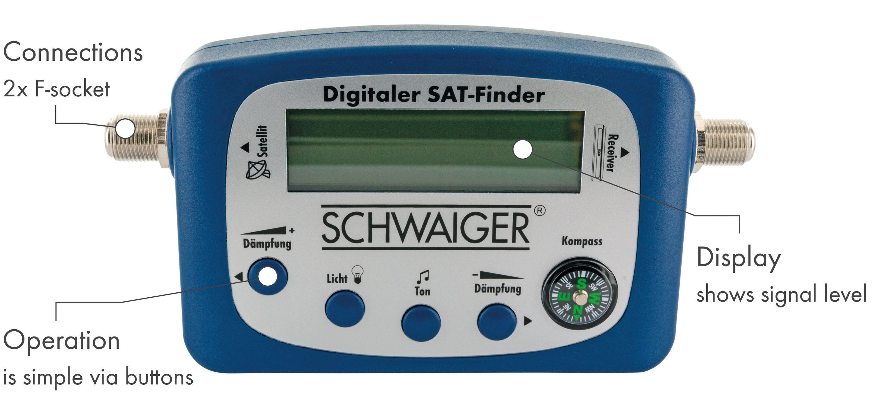 Schwaiger Satfinder SF80 531 (besonders für ASTRA und EUTELSAT geeignet, Stromversorgung über angeschlossenen Receiver), Kompass für exakte horizontale Ausrichtung