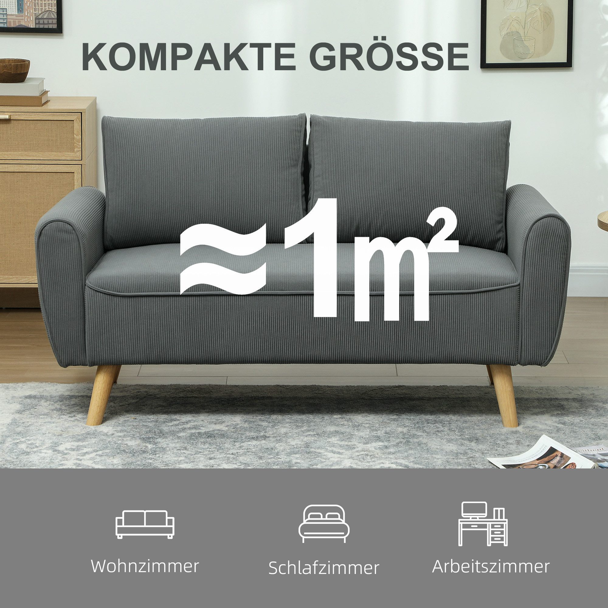 HOMCOM 2-Sitzer mit 2 Kissen, 54cm extra tiefen Sitzen, Holzrahmen, aus Cord, Doppelsofa 1 Teile, für Wohnzimmer Schlafzimmer Büro, 145 x 75 x 78 cm, Dunkelgrau