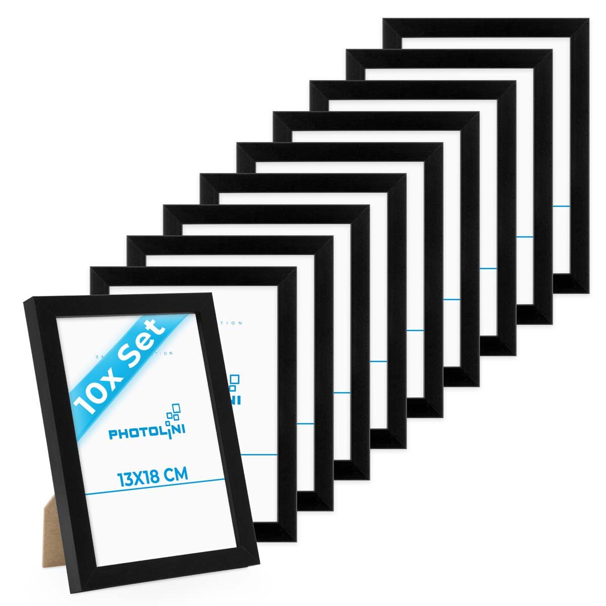 PHOTOLINI Bilderrahmen 10er Set modern mit bruchsicherem Acrylglas, Holz MDF, Fotos & Poster, für 10 Bilder (10er Set), Posterrahmen 13x18 cm Schwarz zum Aufhängen & Aufstellen