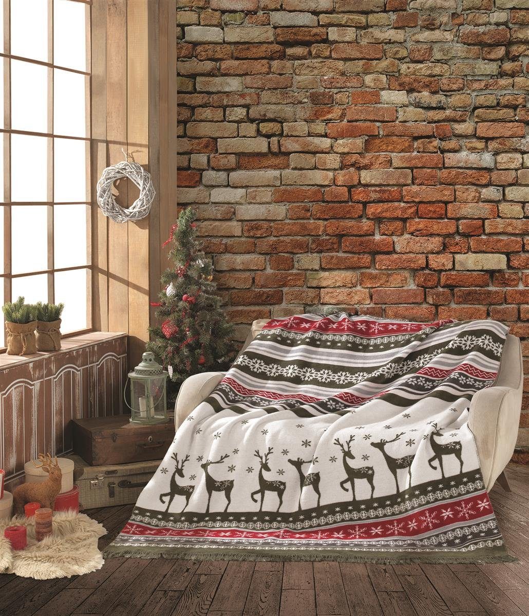 Plaid X-Mas Kuscheldecke - Weihnachten, SEI Design, 58% Baumwolle Rentier green