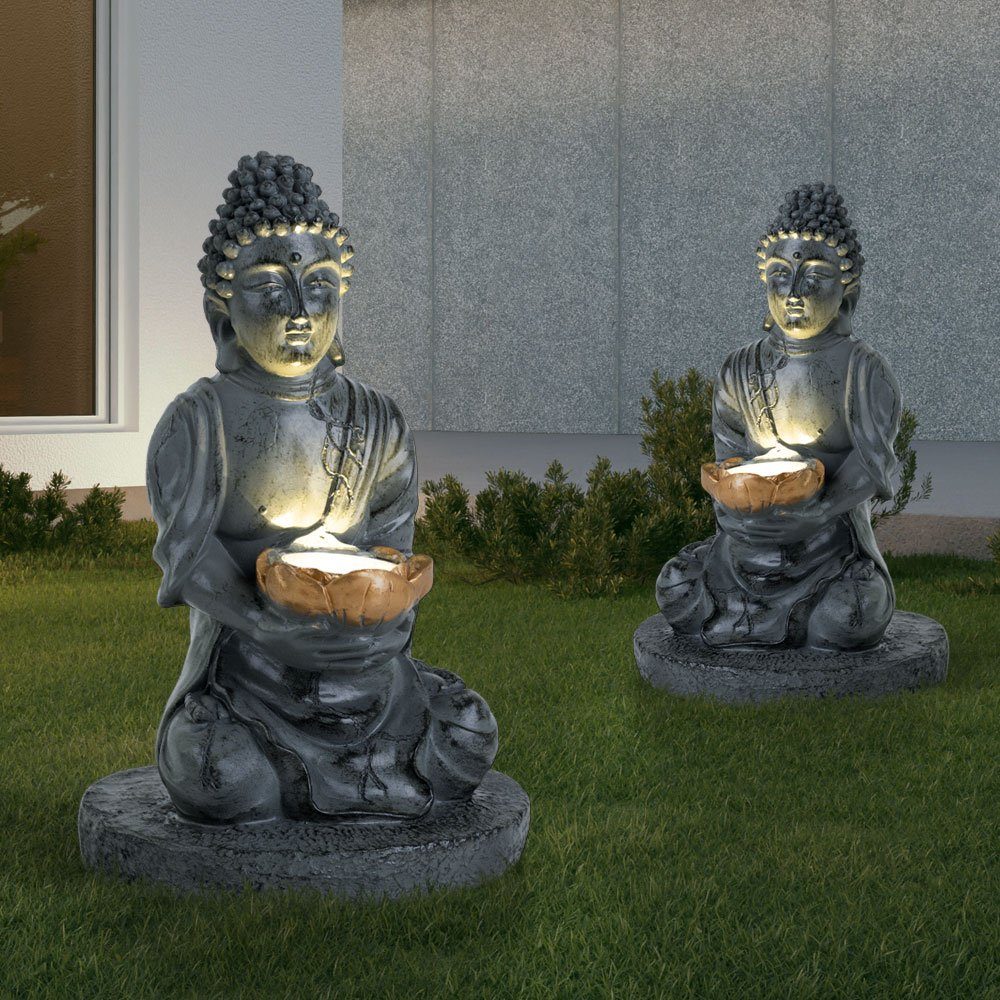 etc-shop LED Skulptur LED-Leuchtmittel Solarlampe fest Kunststoff beleuchtete Buddha Lampe Leuchte LED verbaut, Dekofigur