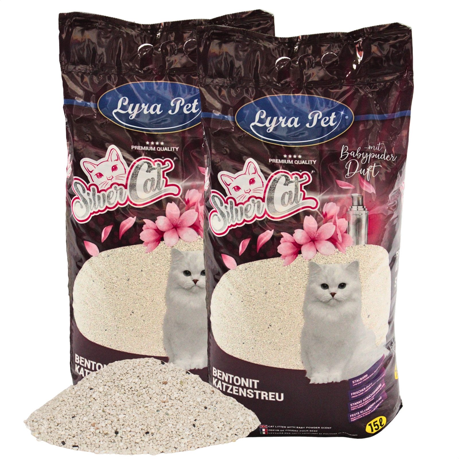 Lyra Pet Katzenstreu 2 x 15 Liter Lyra Pet® SilverCat® Katzenstreu Bentonit mit Aktivkohle, mit Aktivkohle, klumpend, staubfrei