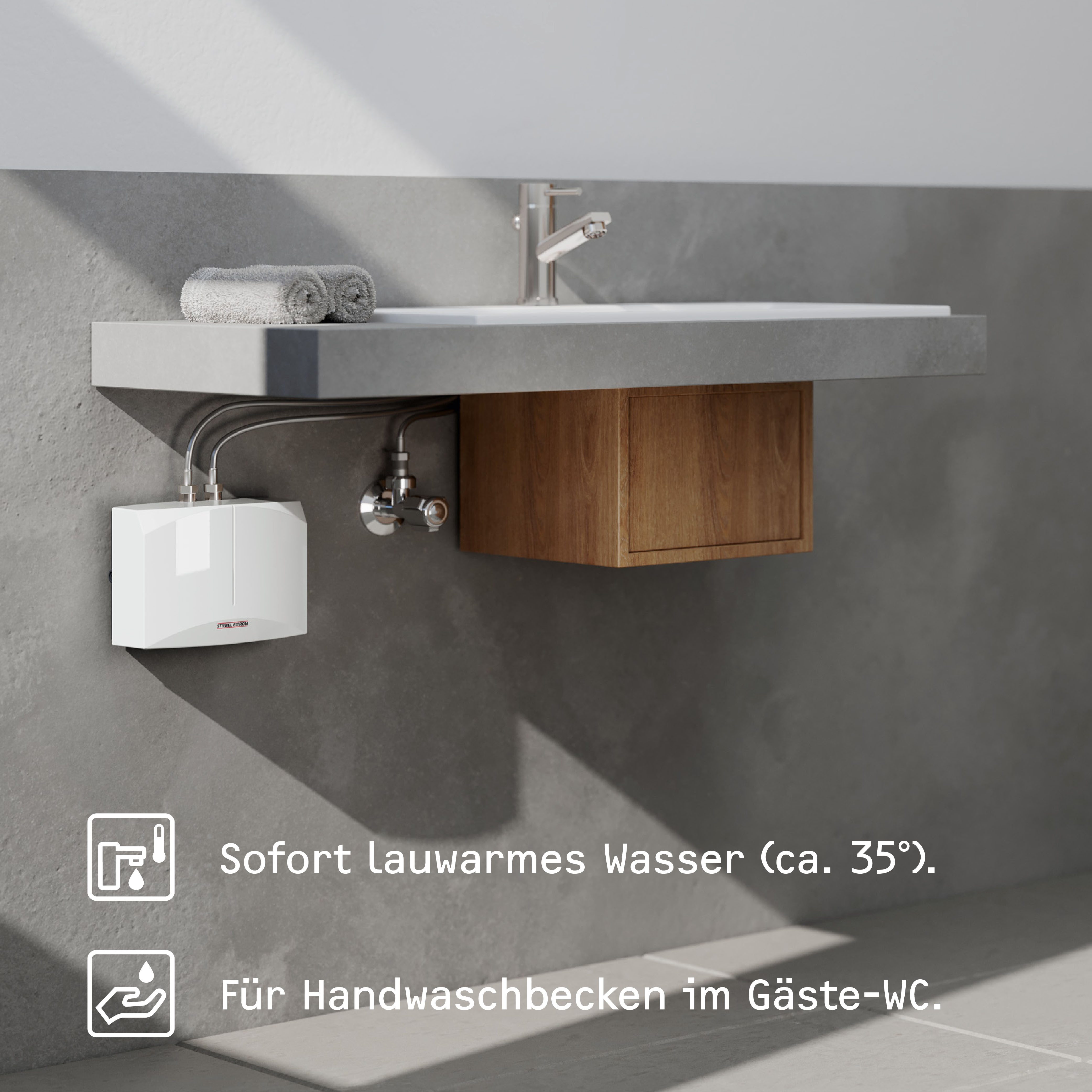 STIEBEL ELTRON Klein-Durchlauferhitzer DNM 4 für Handwaschbecken, 4,4 kW, ohne Stecker, Festanschluss 230V, hydraulisch, max. 38 °C, hydraulisch, sofort handwarmes Wasser (ca. 35°C)