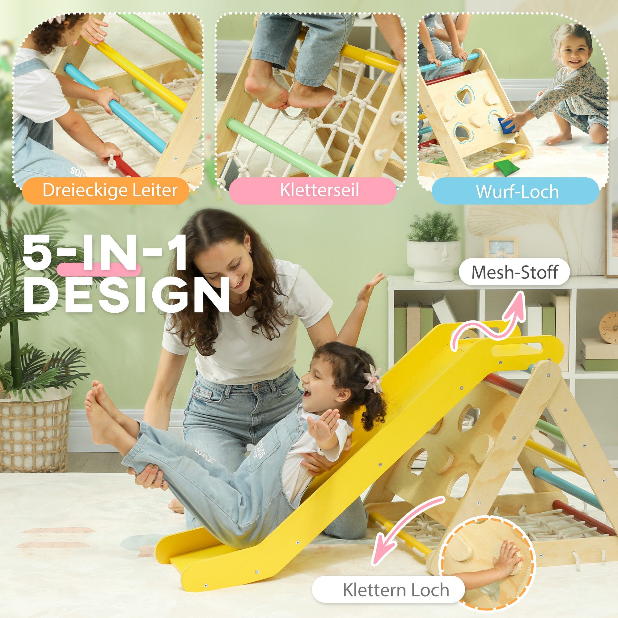 AIYAPLAY Klettergerüst 4 in 1 Set mit Rutsche, aus Holz, (Kletterspielzeug, 2-St., Kletterdreieck zum Rutschen und Klettern), für Kinder 1,5-4 Jahre, Indoor, Mehrfarbig