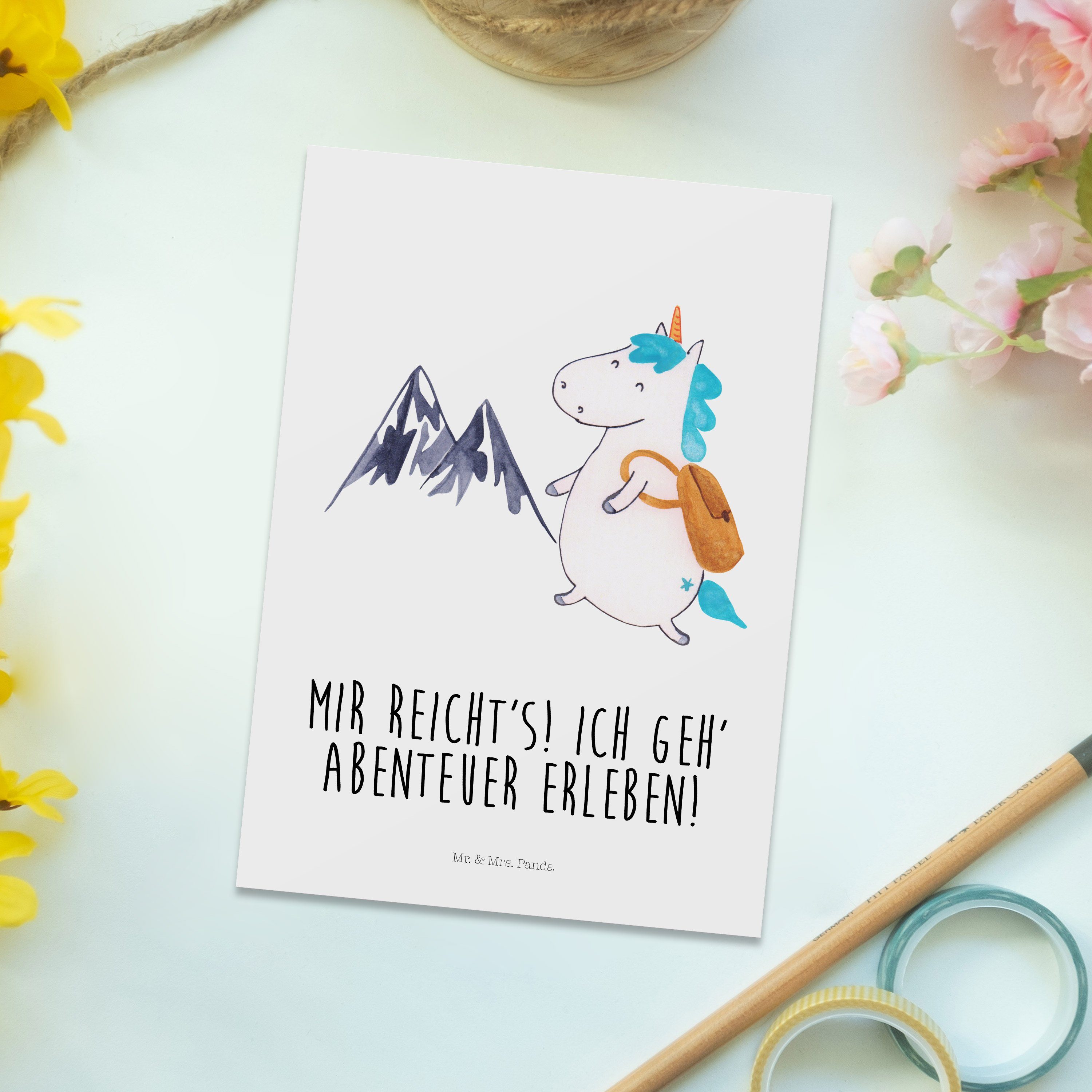 Mr. & Mrs. Panda - Weiß Bergsteiger - Postkarte Geschenkkarte Geschenk, Weltenbummler, Einhorn