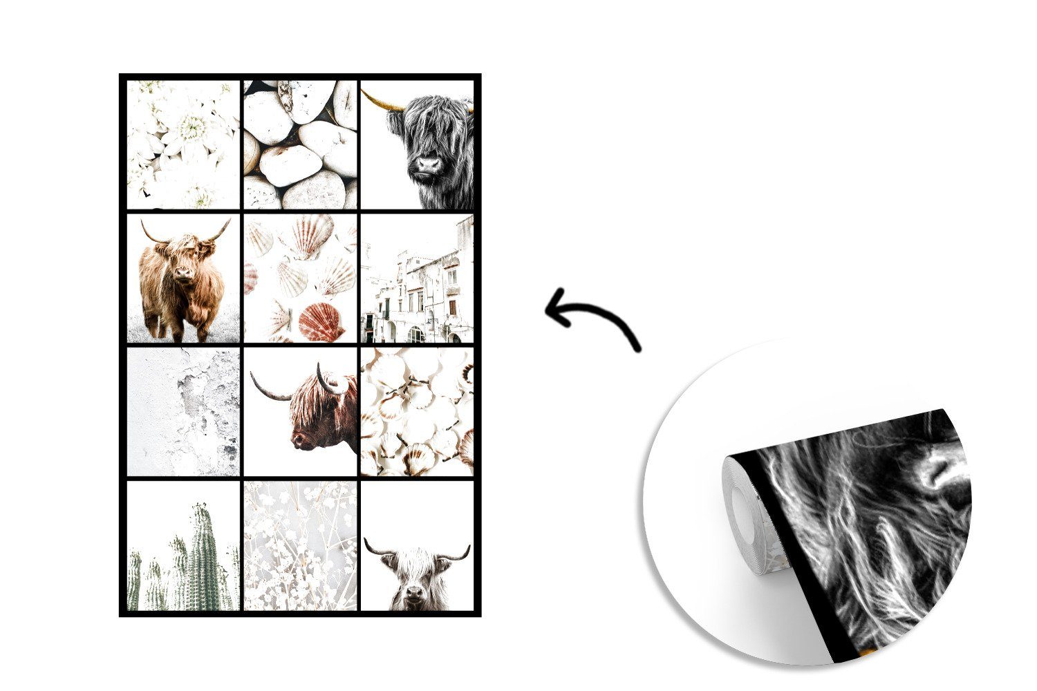 Fototapete Vinyl Wohnzimmer, (3 Blumen Collage Tapete für bedruckt, Schottischer - Wandtapete Muscheln, Highlander Montagefertig - St), - Matt, MuchoWow