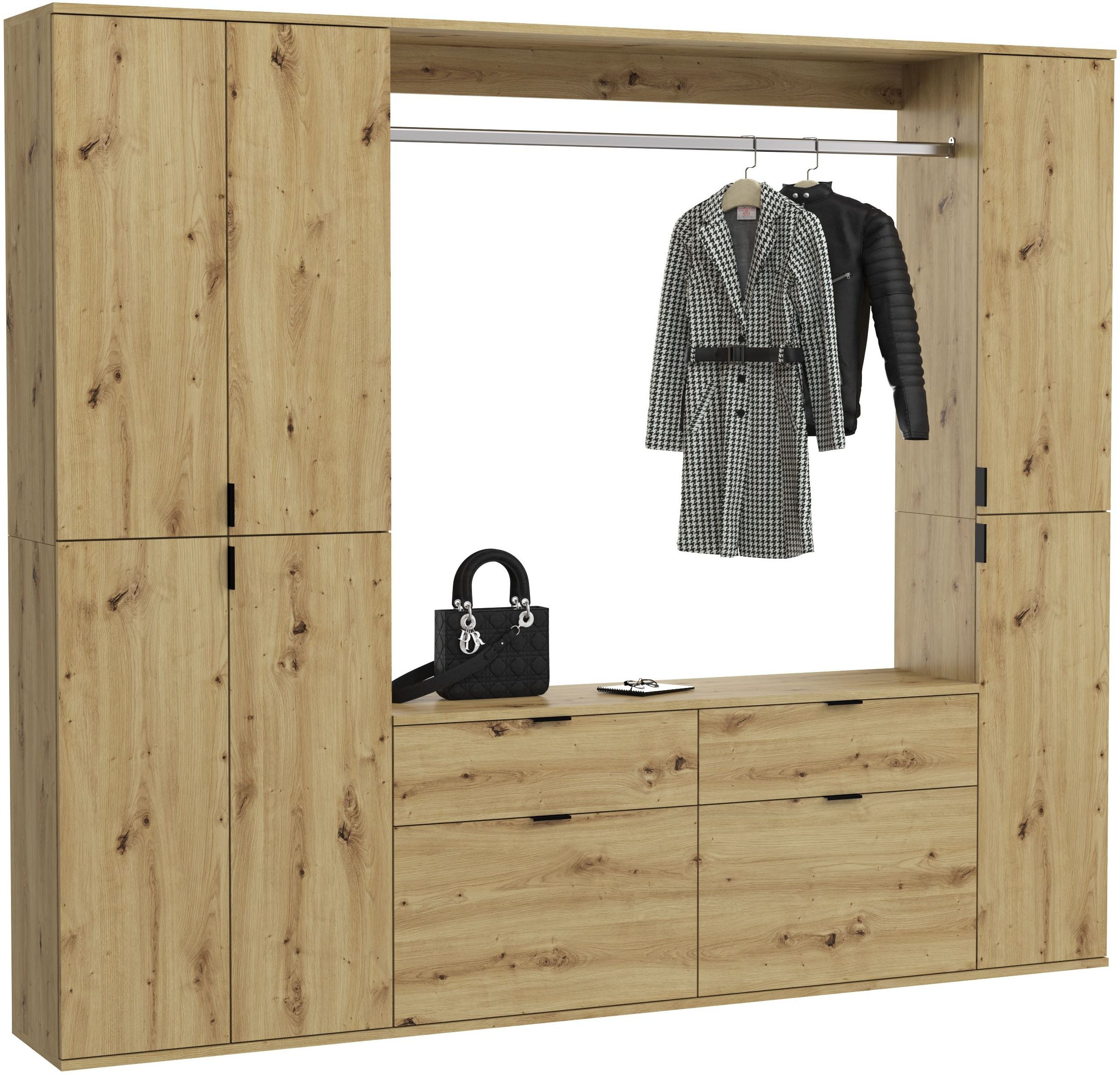 Home affaire Garderoben-Set TRONDHEIM, 5-teilig, Breite 212cm, individuell platzier- & erweiterbar, (Set, 4-St., bestehend aus: 2x Garderobenschrank & 3-tlgs. Zwischenbauelement), Garderobenschrank, Kleiderschrank, Schrankkombination, Garderobe