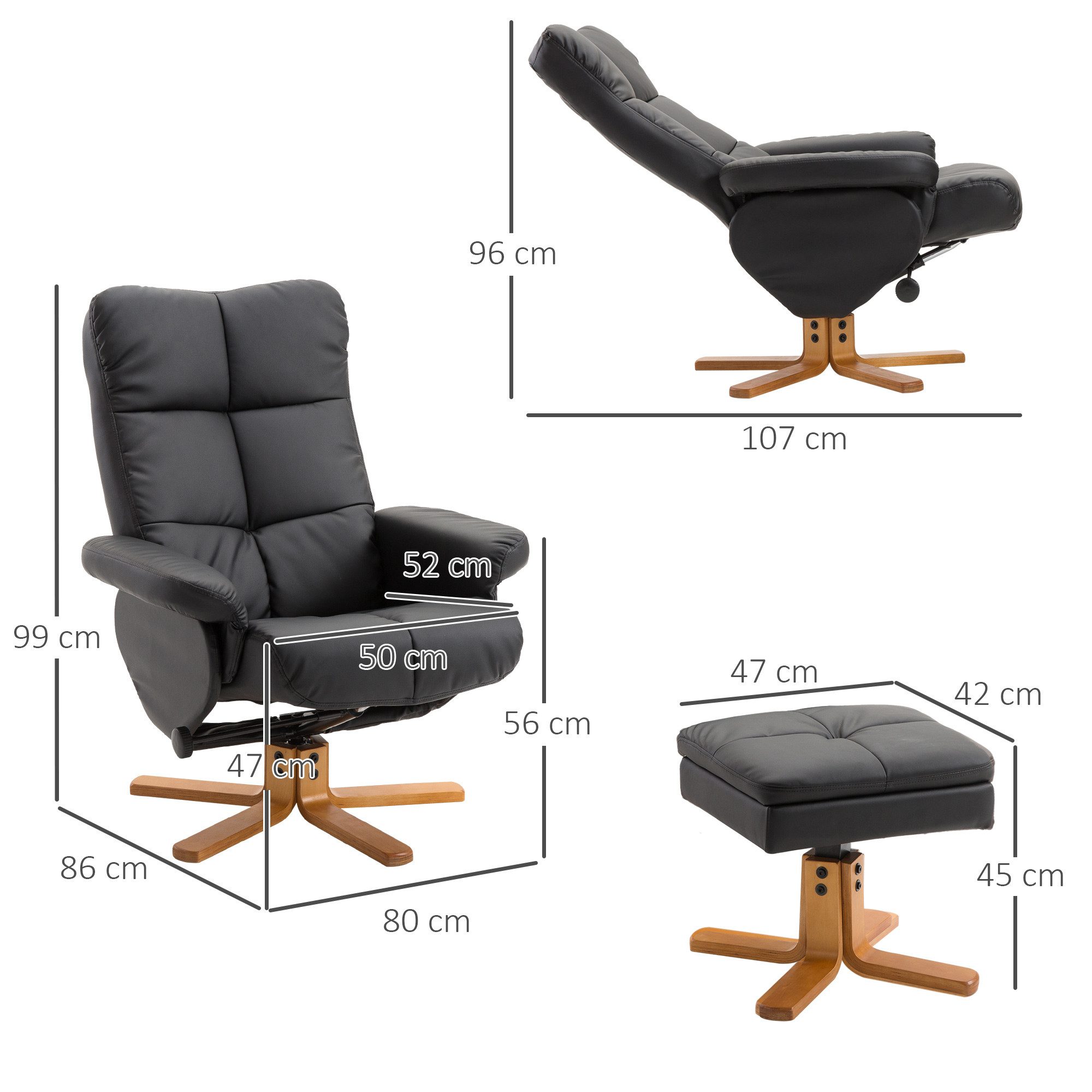 HOMCOM Polsterstuhl Lesesessel mit Hocker, Liegefunktion für Schlafzimmer, Wohnzimmer (Relaxsessel, 2 St), für Wohnzimmer, Schwarz – Bild 3 von 5