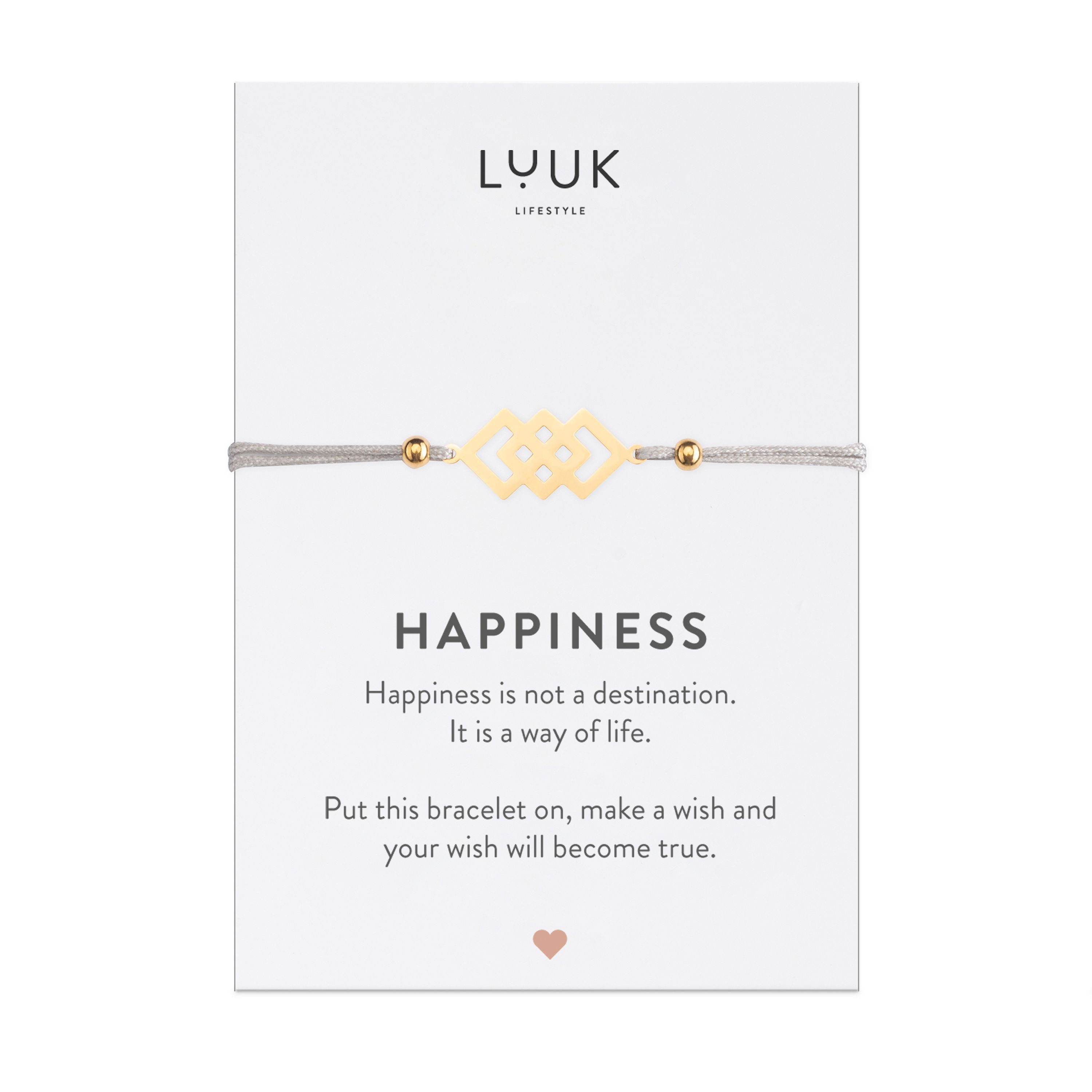 LUUK LIFESTYLE Gold Freundschaftsarmband Happiness verschlungene handmade, mit Quadrate, Spruchkarte
