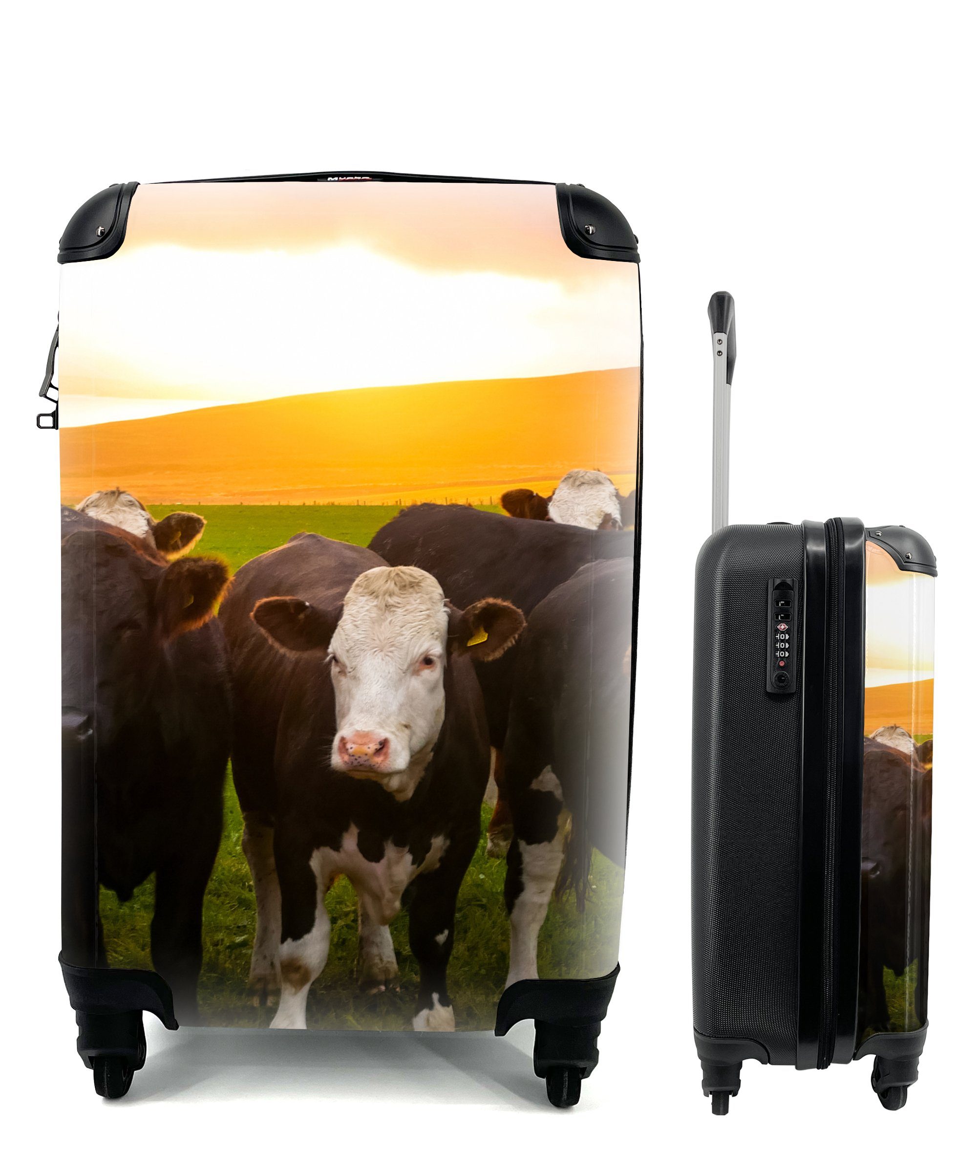 MuchoWow Handgepäckkoffer Kühe - Hügel - Sonnenuntergang - Gras - Grün, 4 Rollen, Reisetasche mit rollen, Handgepäck für Ferien, Trolley, Reisekoffer