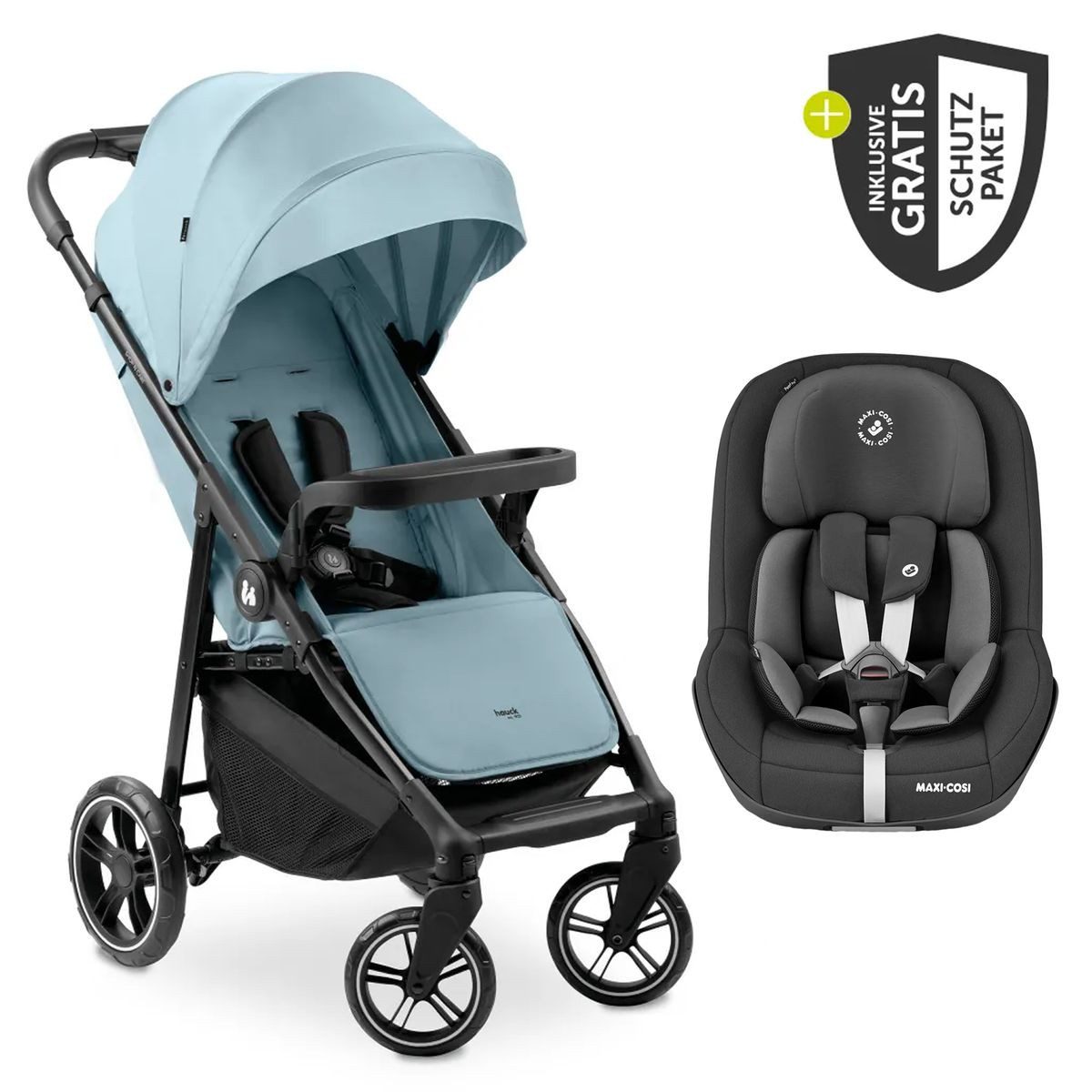 Hauck Sportbuggy Shop N Care - Dusty Blue, Sportwagen mit Liegefunktion inkl. Maxi Cosi Reboarder Pearl Pro 2
