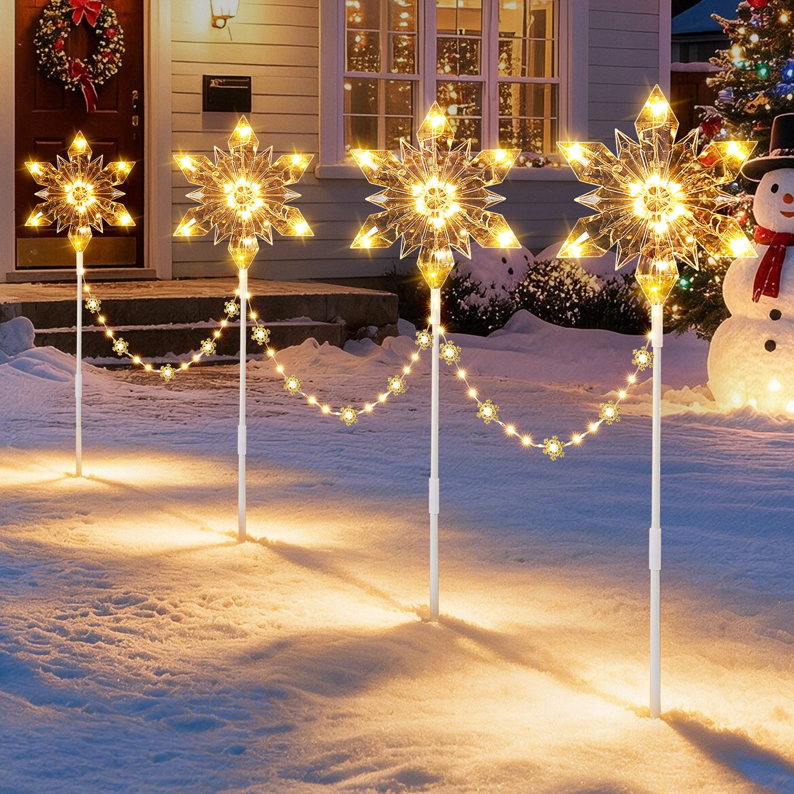 Quntis Lichterkette Weihnachtsdeko LED Sternlichter 4er Set mit Erdspieß und Timerfunktion, Farbwechsel Warmweiß mit 8 Modi für Garten Schneeflocken-Steckleuchten
