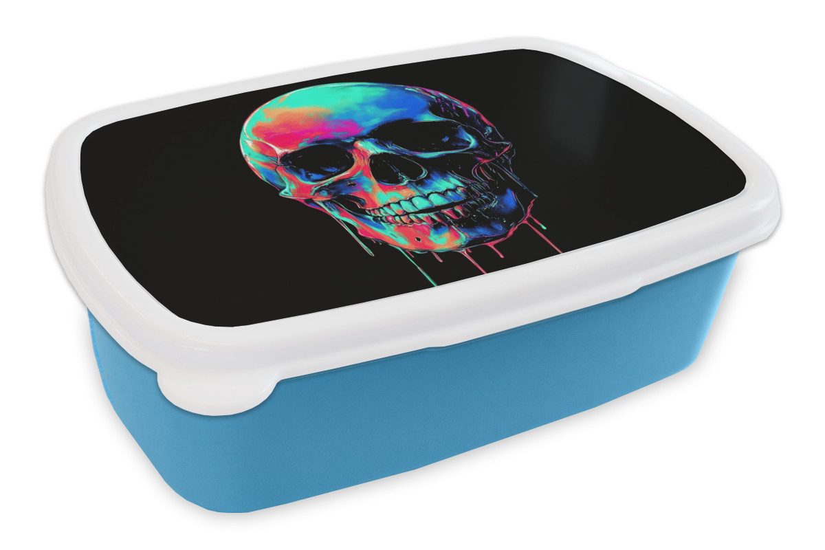 MuchoWow Lunchbox Totenkopf - Graffiti - Blau - Farbenfroh, Kunststoff, (2-tlg), Brotdose, Lunchbox, Brotbox für Kinder und Erwachsene