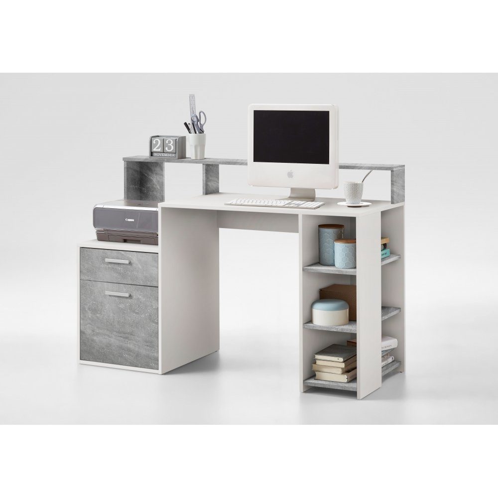 FMD Möbel Schreibtisch BOLTON Beton grau Nb. / weiß Schreibtisch PC - Tisch Bürotisch Arbeitstisch ca. 135 cm FMD