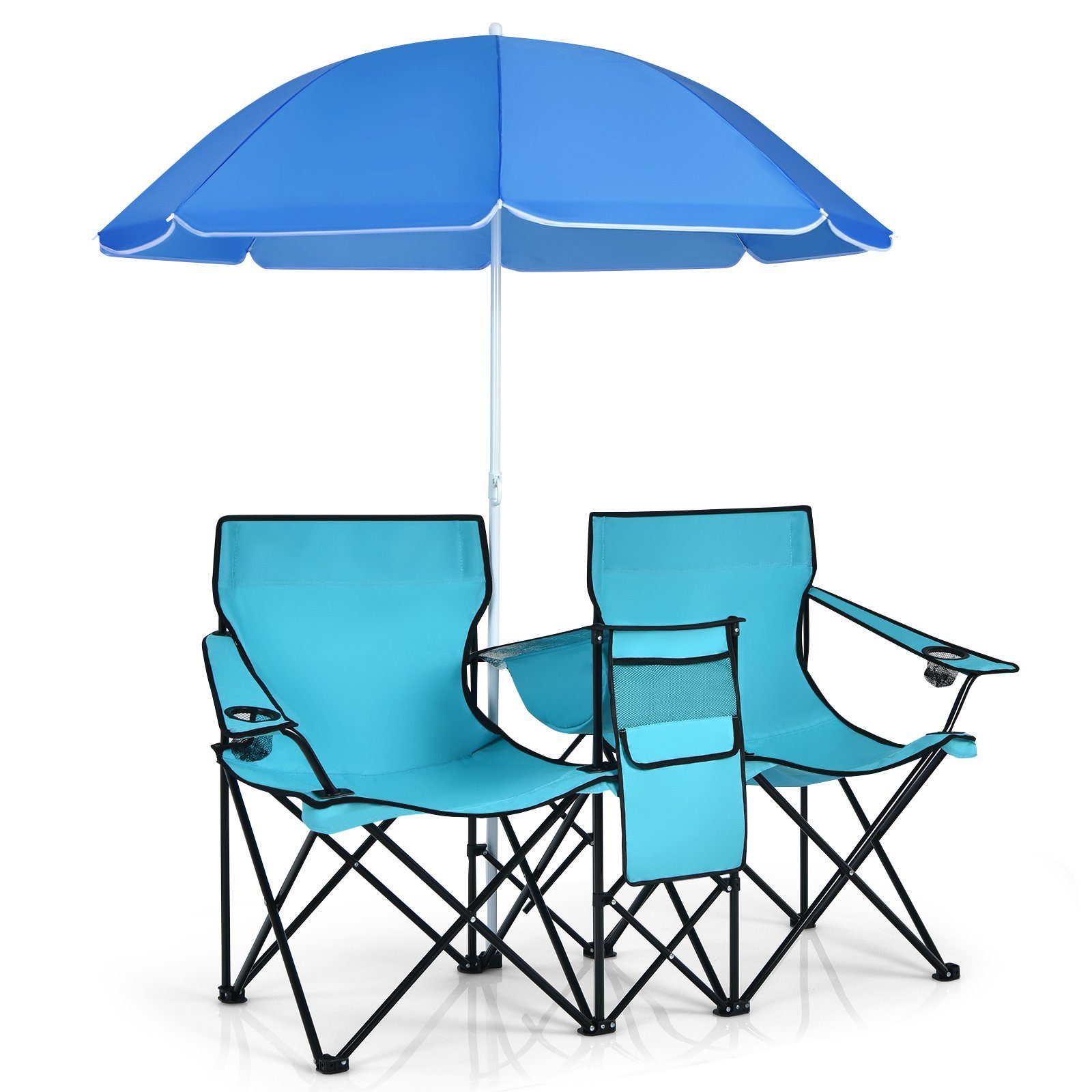COSTWAY Campingstuhl, mit Sonnenschirm, Getränkehalter & Kühltasche, faltbar Türkisgrün