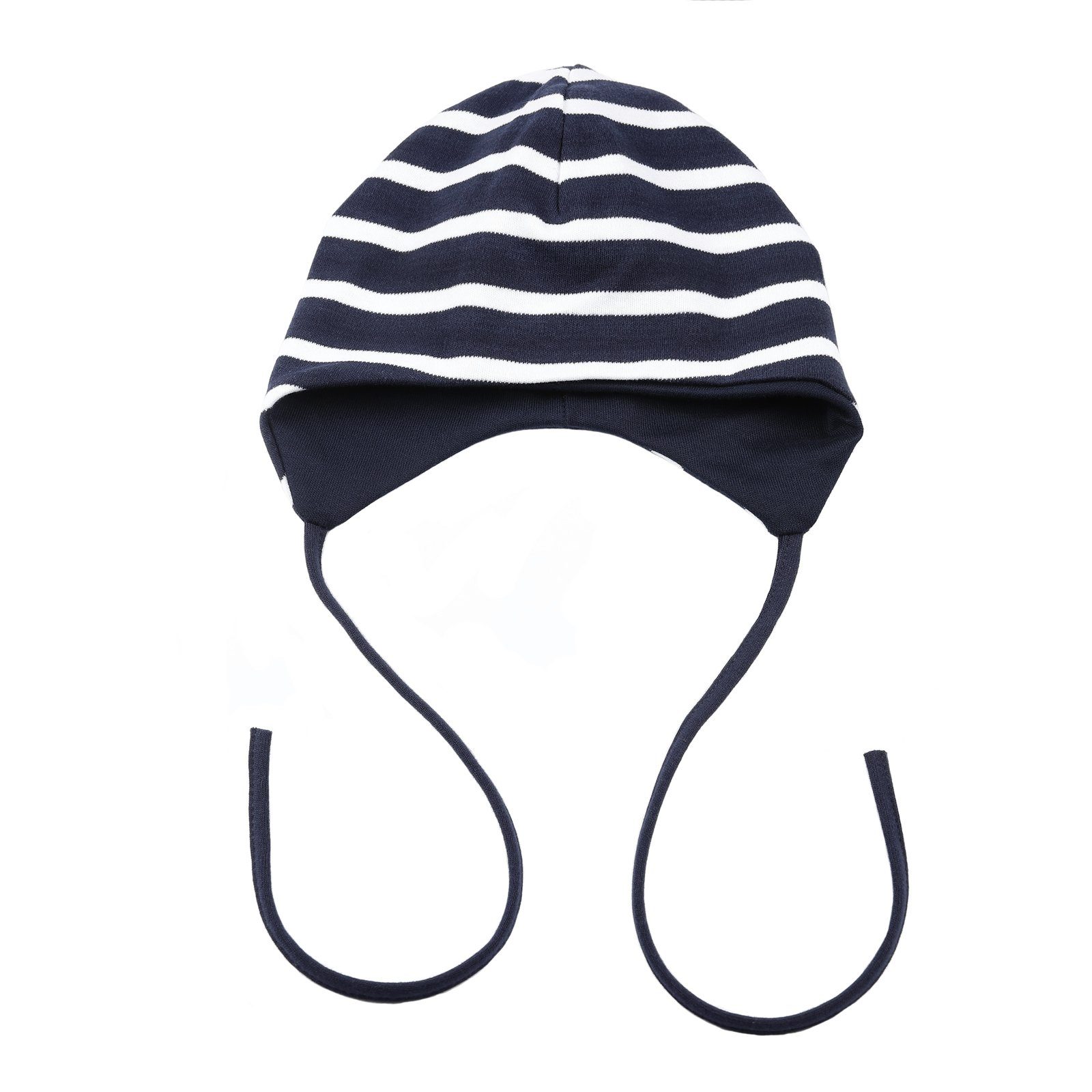 und - Mütze Ohrenschutz Baby modAS Kopfbedeckung blau / Baumwolle Jerseymütze weiß mit Bindeband (05)
