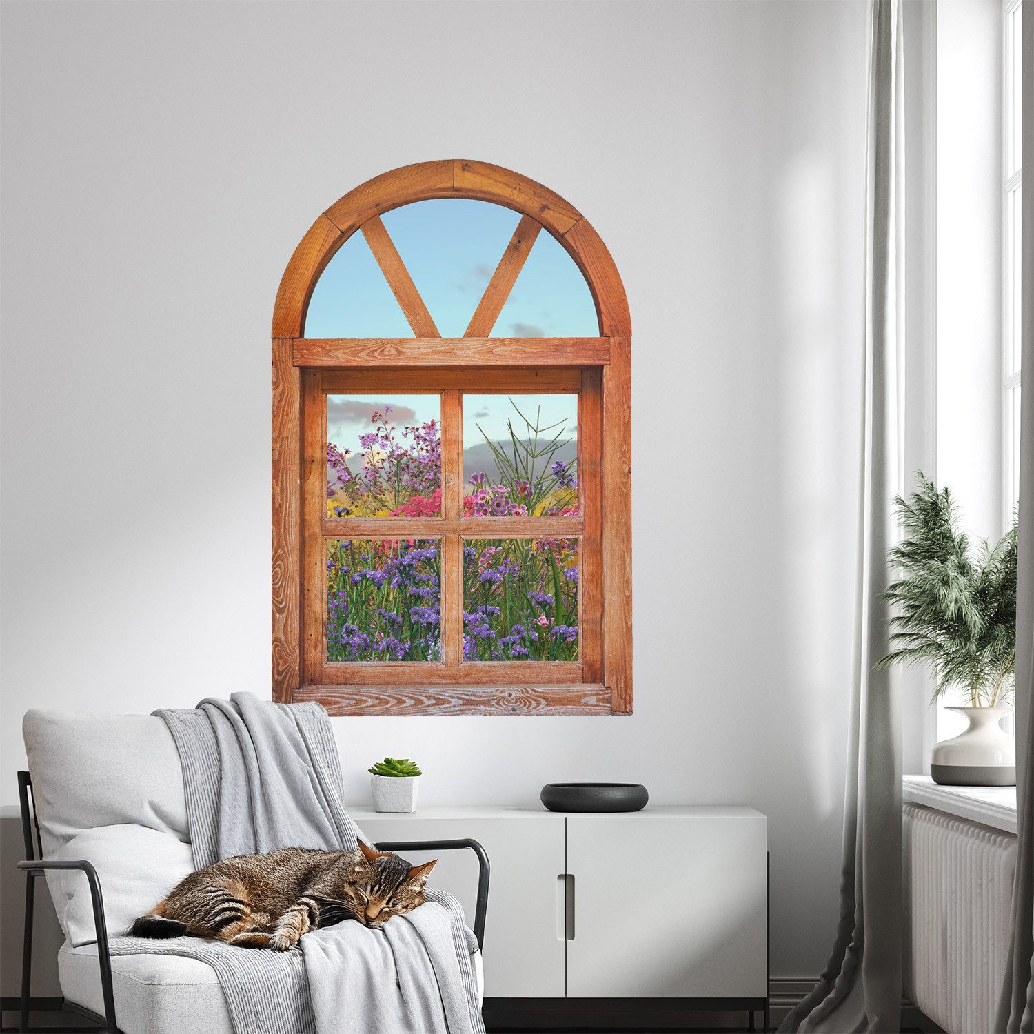 Tulup Wandtattoo Modernes 3D-Wandsticker Fenster, Grau 3D-Wandfolie, Blumenfenster, Blumen und Pflanzen