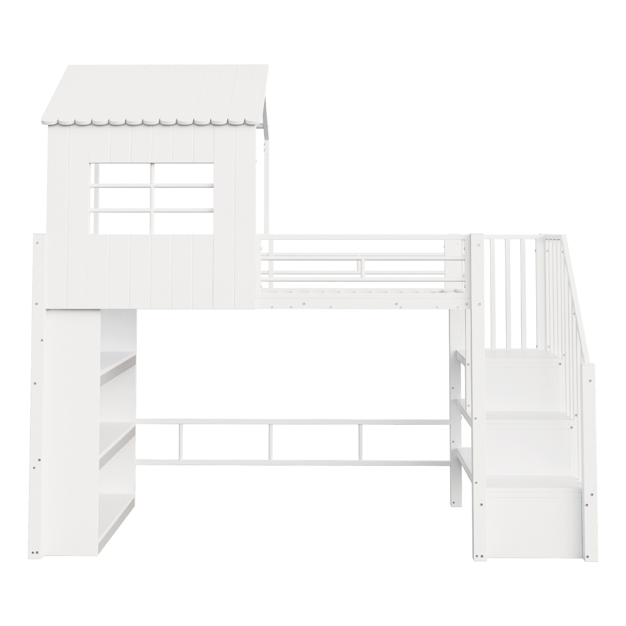 Sweiko Hochbett Eisenhochbett 90x200cm, Hausdesign, Jugendbett (mehrstöckiges Stauraumregal) hohes Schutzgitter, sichere Treppe(montierbar links/rechts) – Bild 5 von 5