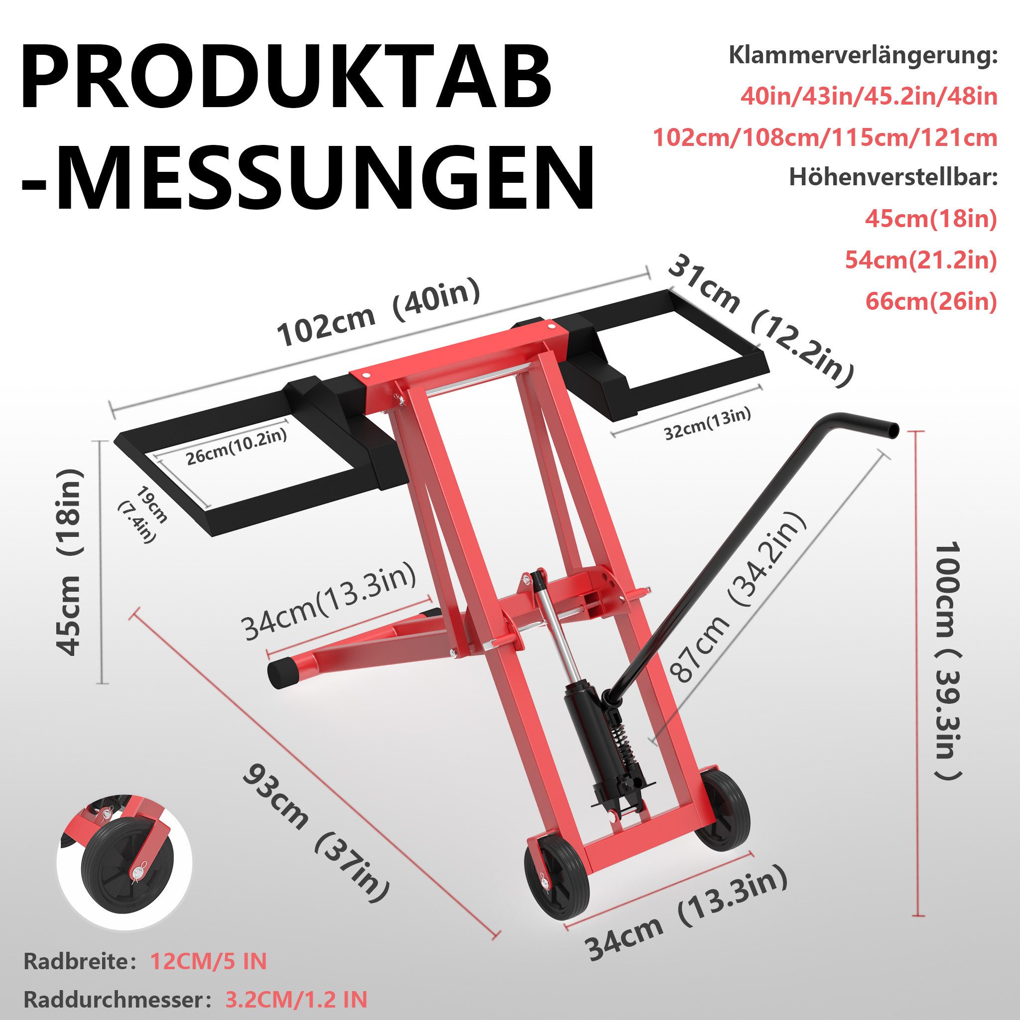 FIVMEN Rasentraktor 3-Fach Höhenverstellbar Hebebühne mit hydraulischem Wagenheber, Rahmen aus Stahl mit PVC-Räder 12 cm, 227 kg Tragkraft, Schwarz/Rot – Bild 2 von 5