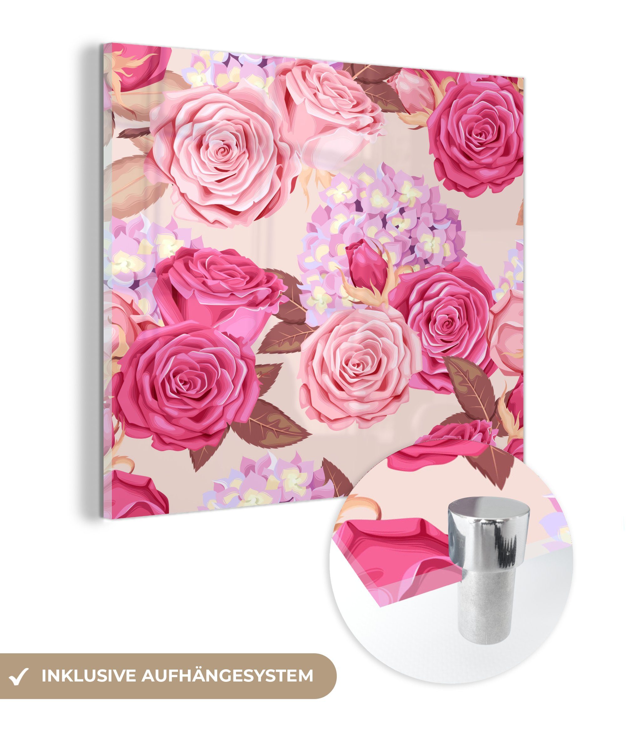 - - Wanddekoration Rosa, Acrylglasbild Blumen - MuchoWow Glasbilder - (1 auf - St), Rosen Glas Glas Bilder Wandbild Foto auf