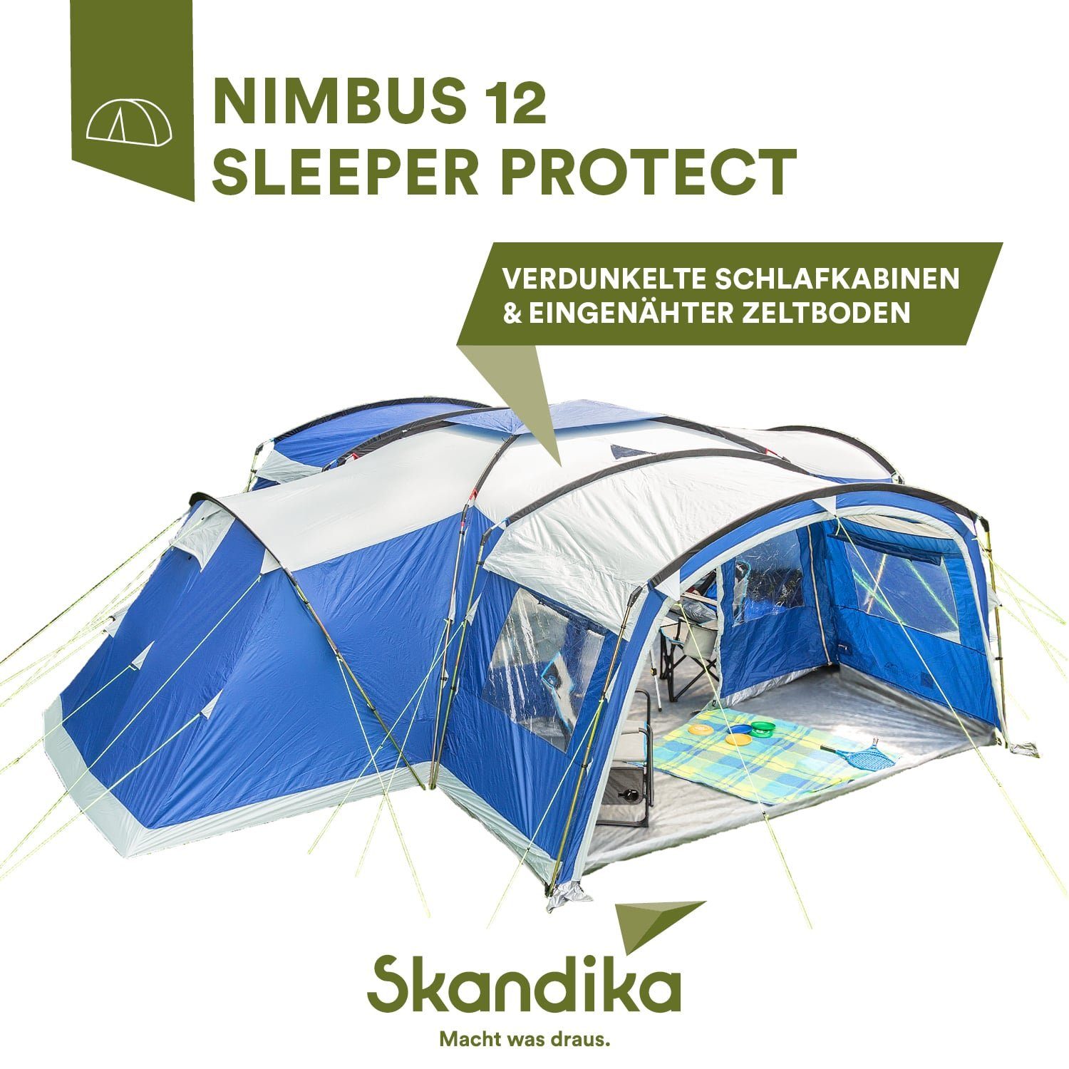 Skandika Gruppenzelt Nimbus 12 Sleeper Protect, Familienzelt mit eingenähtem Zeltboden, Personen: 12, 3 Schwarze Schlafkabinen, wasserdicht, 5000mm Wassersäule, Campingzelt