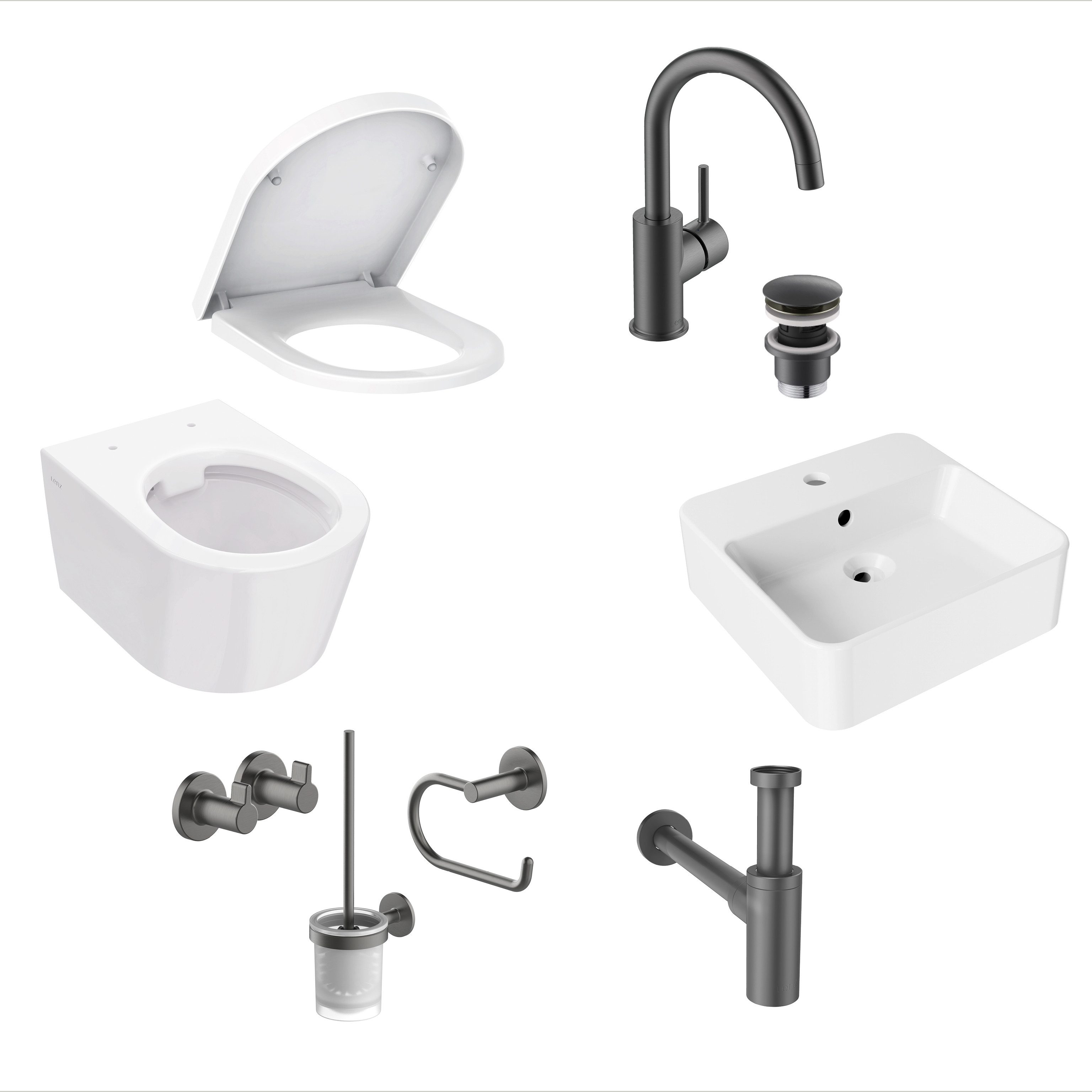 Lenz WC-Komplettset PERFECT FIT, wandhängend, (Gäste-Bad-Set Komplettes Gästebad als Set), 8-teiliges Bad-Set