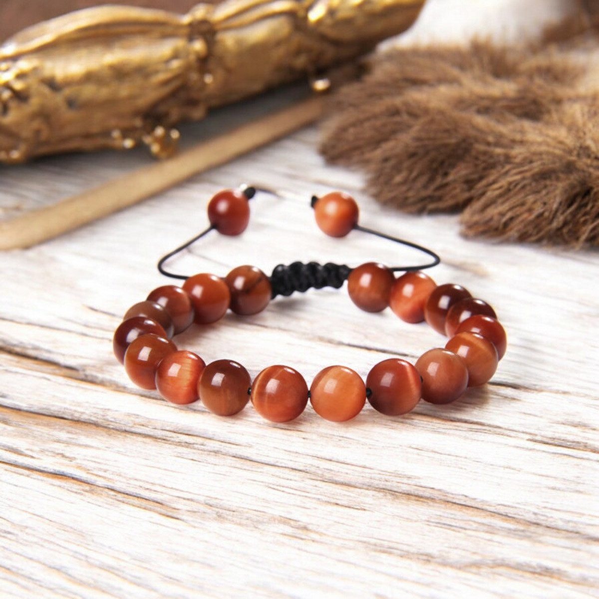 KARMA Perlenarmband Tigerauge Orange Edelsteinarmband Schiebeknoten (Armband Damen Herren, Edelsteinschmuck Tigeraugearmband), Unisex Damenarmband Herrenarmband