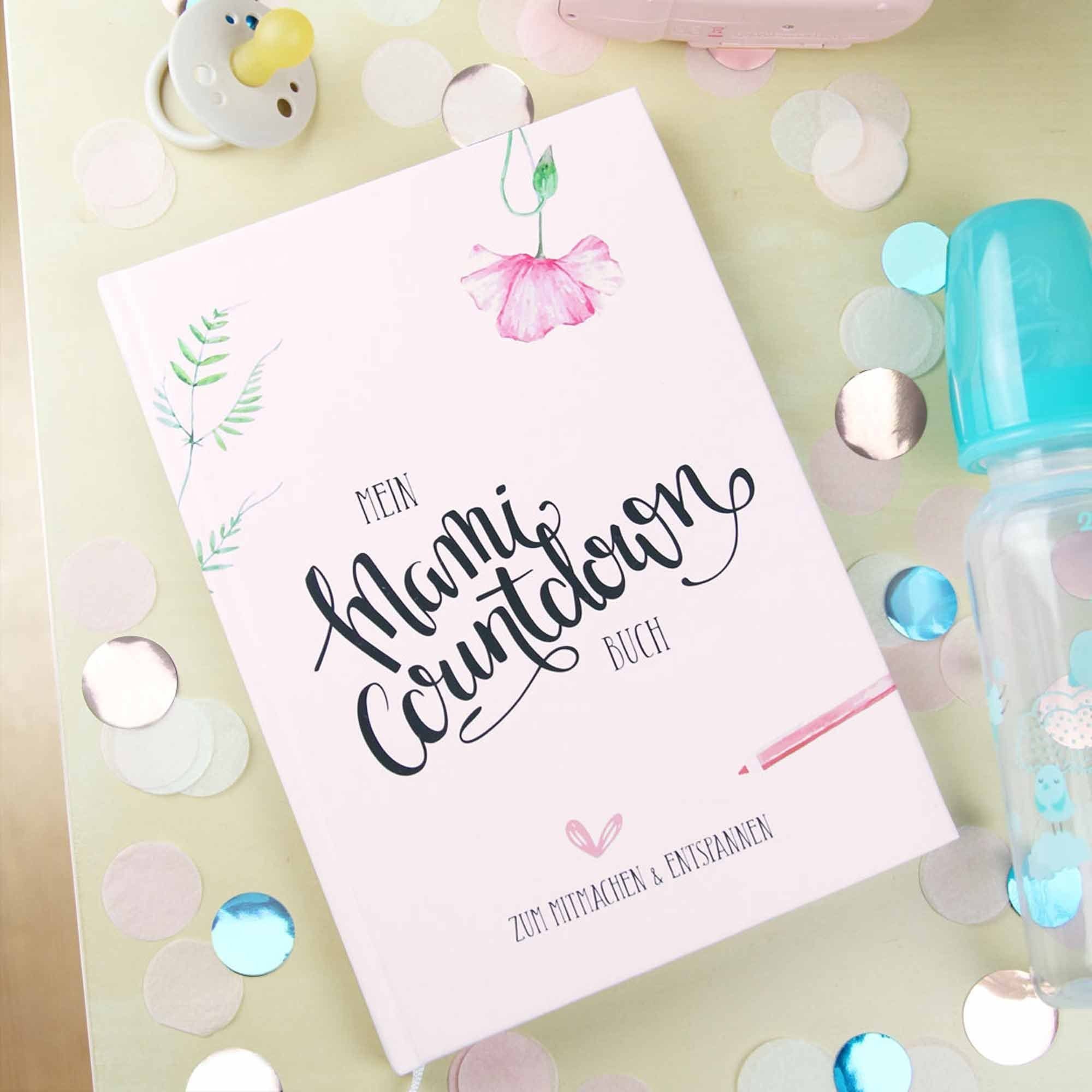 melovely Tagebuch Mami-Countdown-Buch, Mitmachbuch zum Rätseln, Ausmalen & Journaling, Rezepte, Checklisten