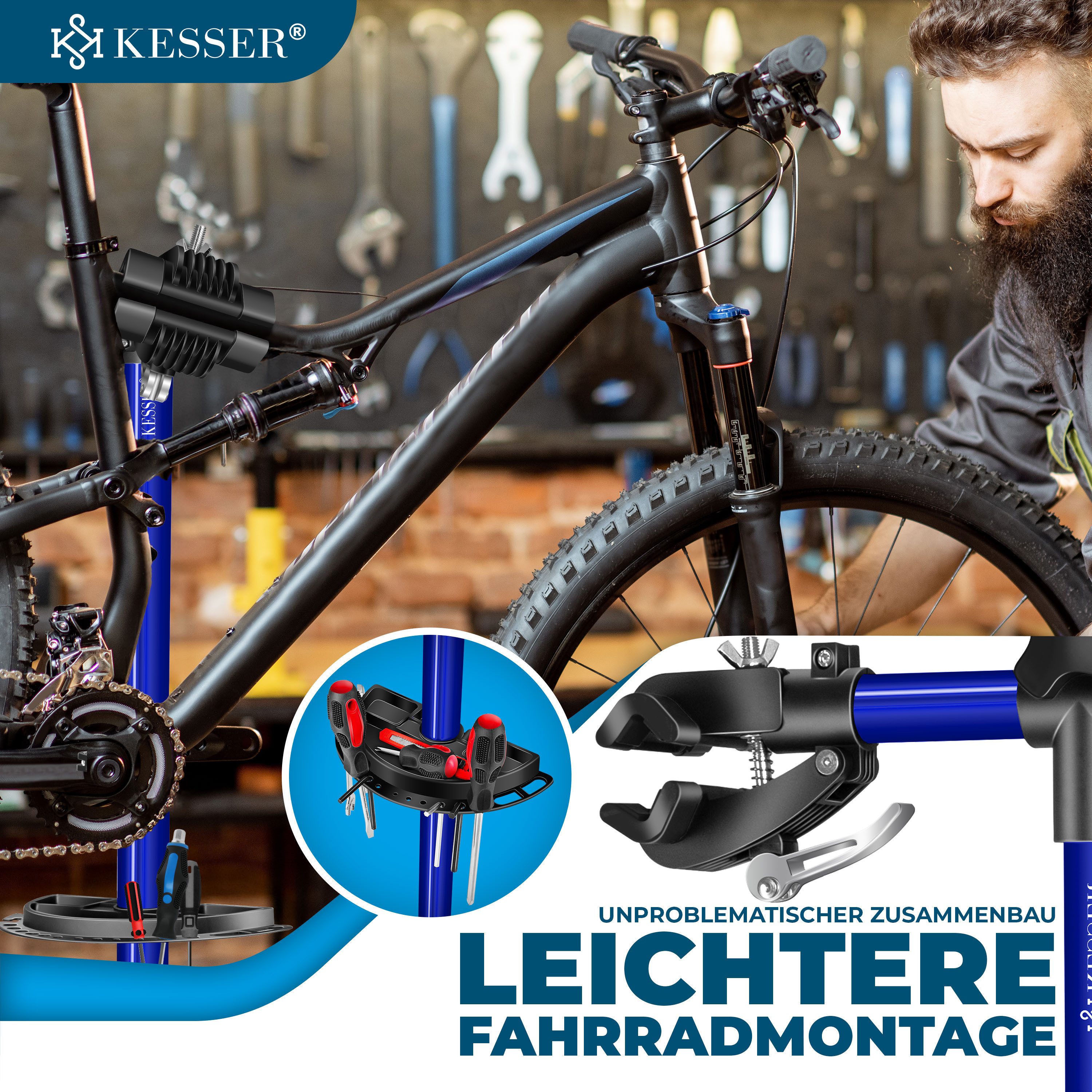 KESSER Fahrrad-Montageständer Profi Reparaturständer Fahrradständer bis 30kg Traglast, Fahrradmontageständer inkl. Tasche, Werkzeugschale & Magnetfach