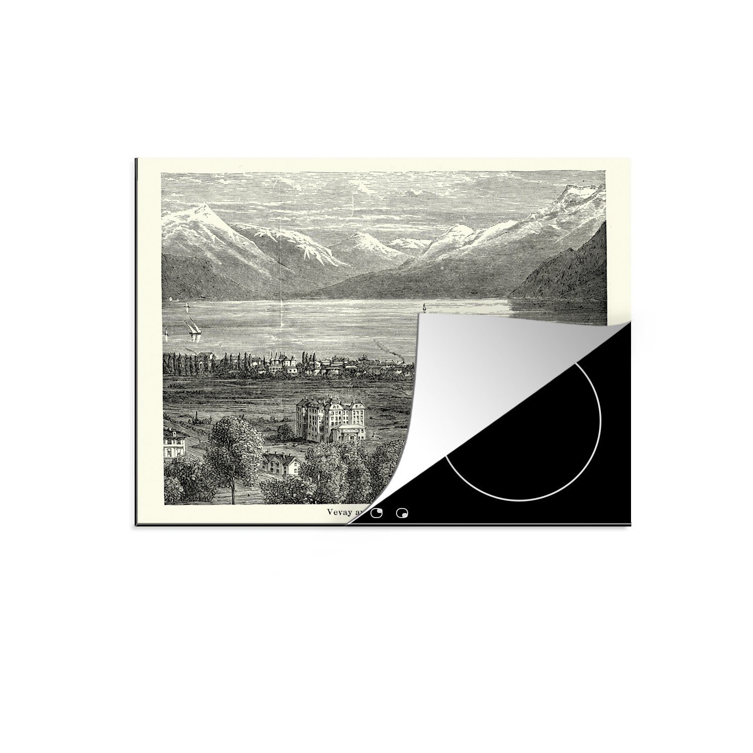 MuchoWow Herdblende-/Abdeckplatte nutzbar, Ceranfeldabdeckung des Illustration Genfer cm, Mobile Vinyl, Eine Sees, (1 60x52 Arbeitsfläche tlg), alte
