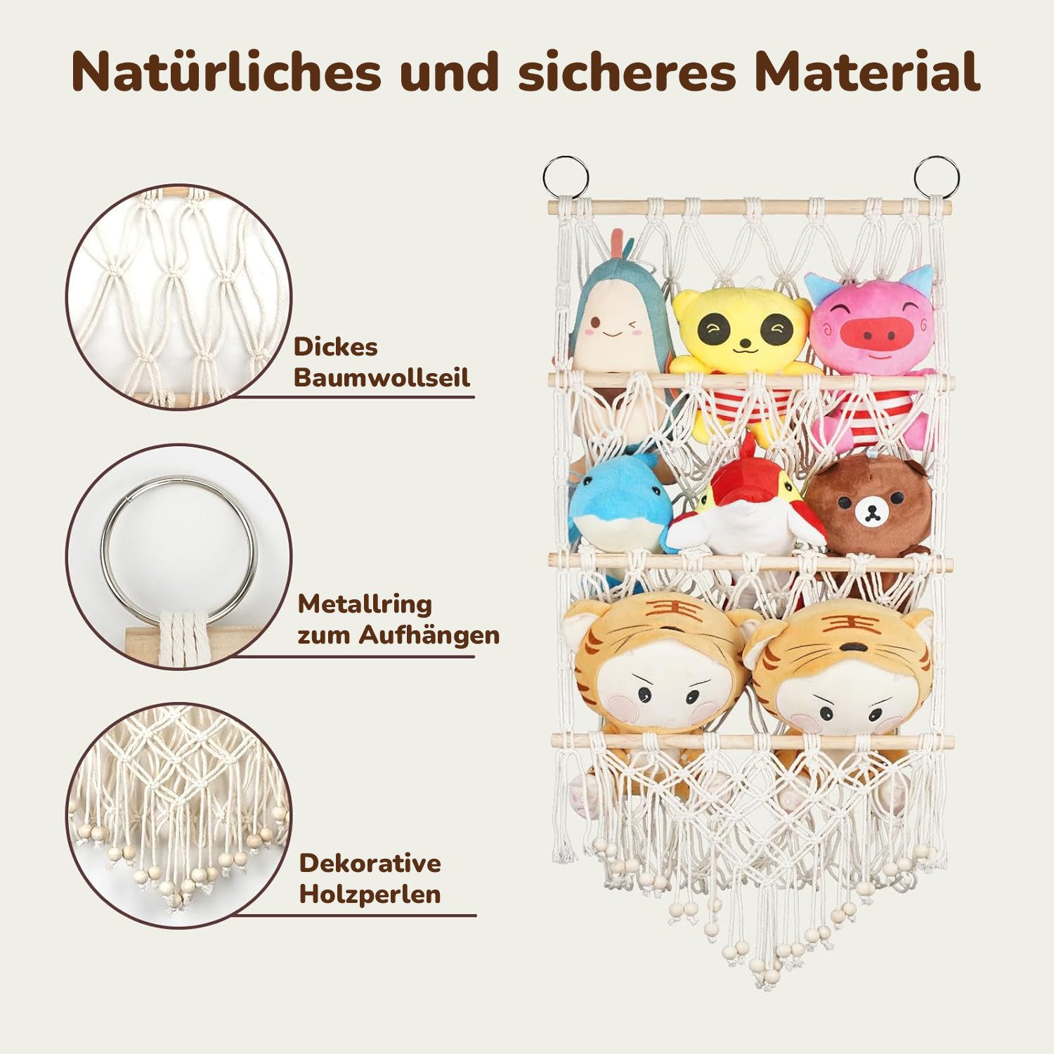 Refined Living Hängekorb Hängeregal 3 Etagen Kuscheltier Hängeorganizer Hängeaufbewahrung (Wandregal Wand-Organizer Handgewebtes Baumwollseil Boho-Makramee, 1 St., Stofftier Spielzeug Hängematte Kuscheltier Aufbewahrung über der Tür), Wand Aufbewahrungsnetz für Kinderzimmer, Spielzimmer, Schlafzimmer